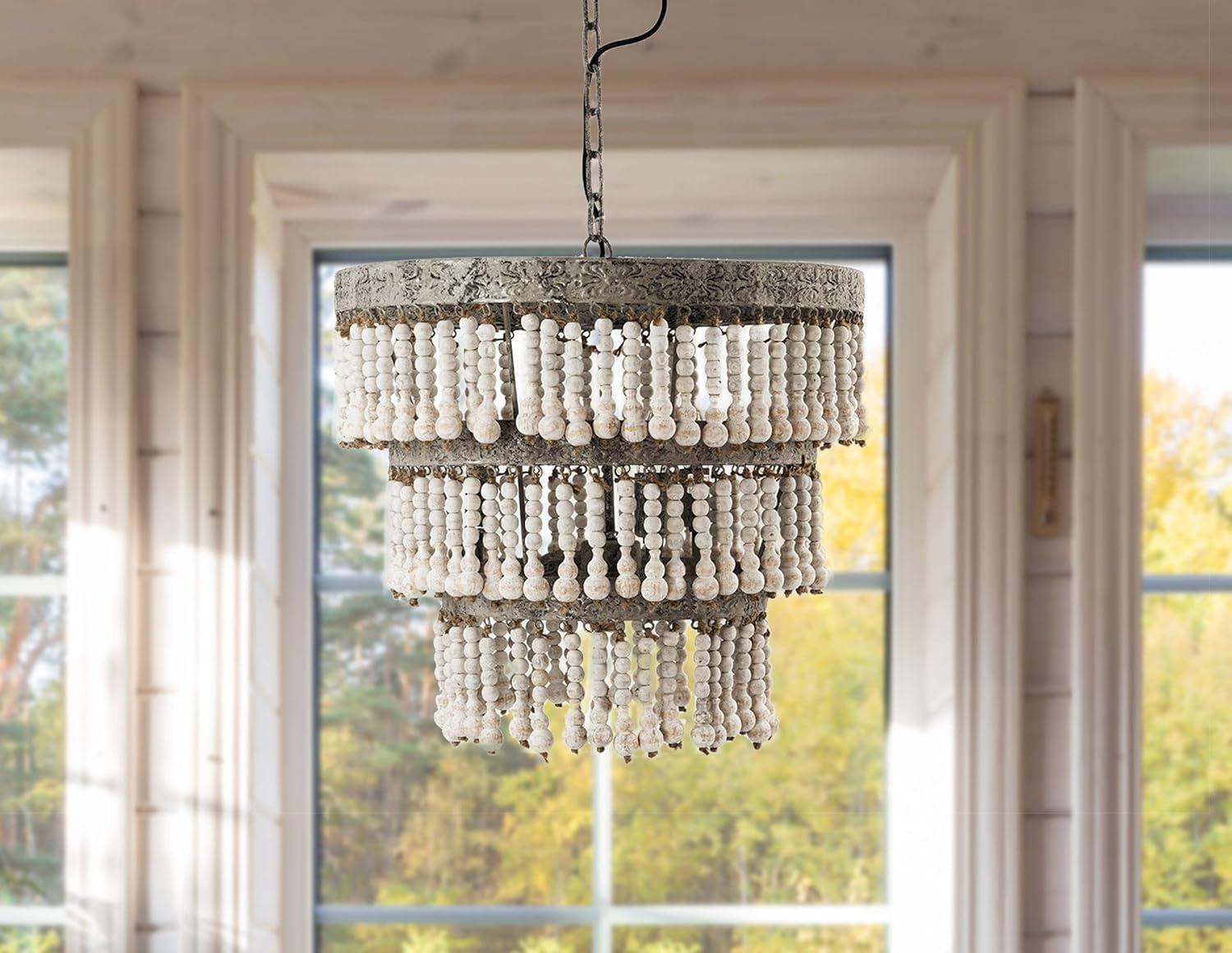 3-Tier Round Metal Chandelier with 3 Lights and Hanging Wood Beads Cream - Storied Home: Antique Bohemian Ceiling Fixture, UL Listed