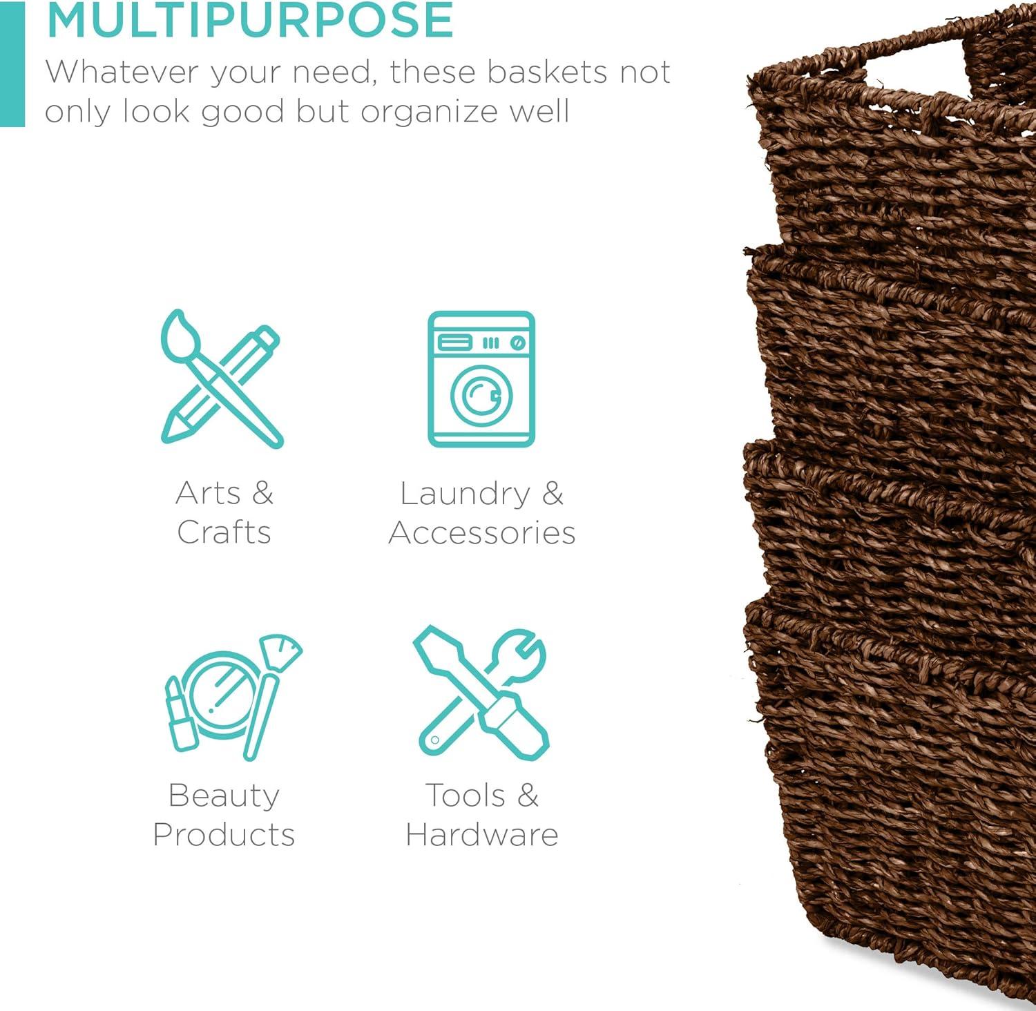 Best Choice Products Set of 4 Multipurpose Stackable Seagrass Storage Laundry Organizer Baskets w/ Handles