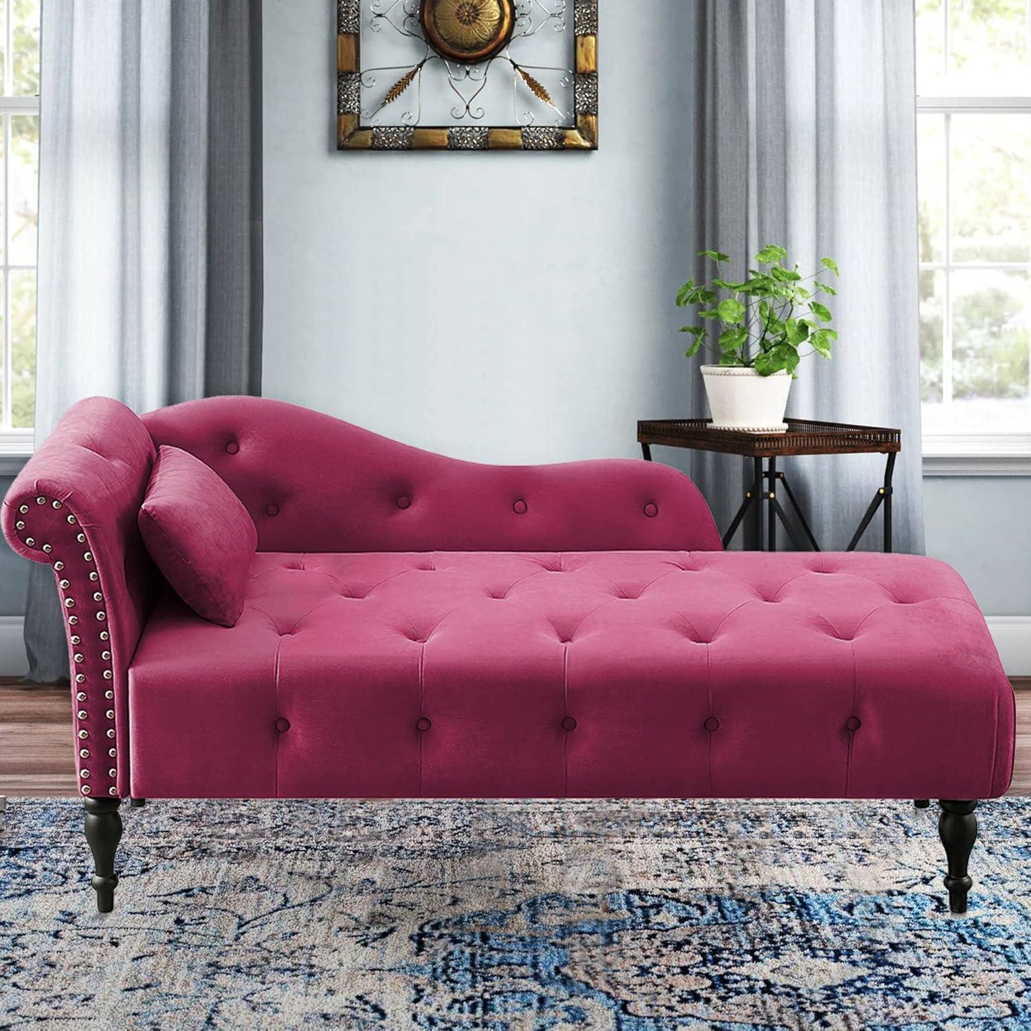 Burgundy Velvet Chaise Lounge with Mahogany Wood Legs