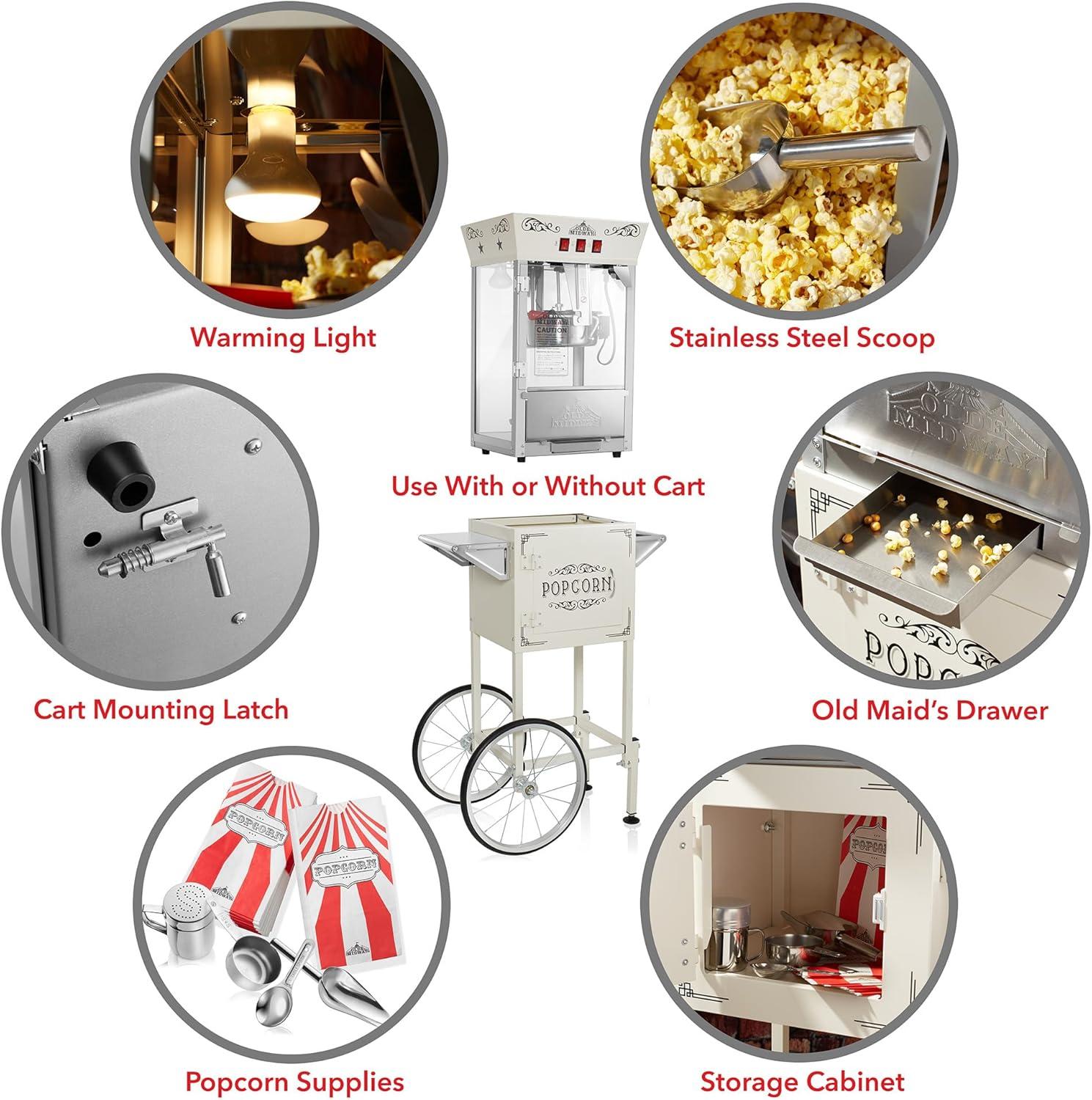 Olde Midway Movie Theater-Style Popcorn Machine Popper with Cart and 10 oz Kettle, Cream