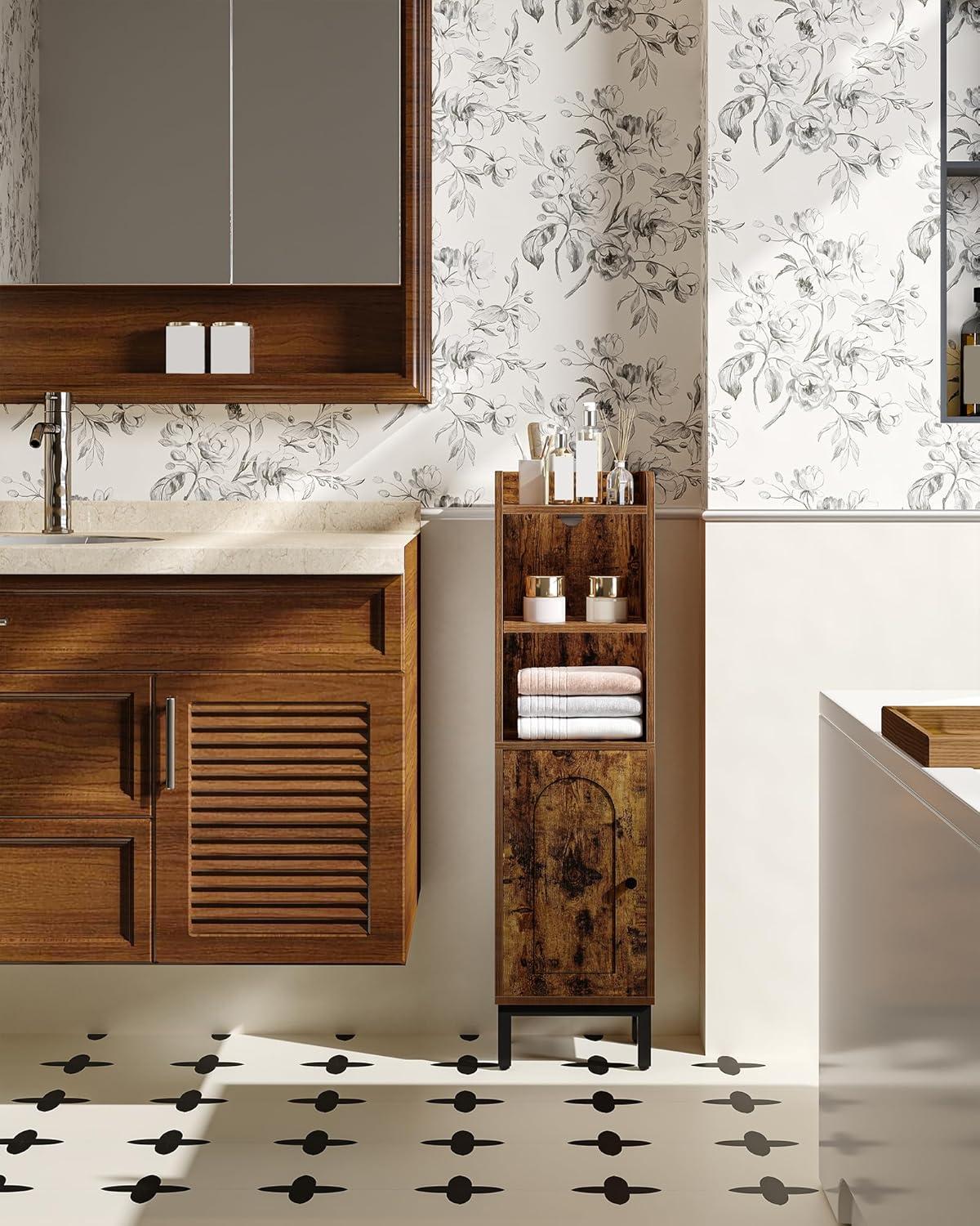 Mercer41 Bathroom Storage Cabinet, Small Corner Floor Cabinet with Door and Shelves, Narrow Toilet Paper Cabinet, Bathroom Organizer with Adjustable Shelf, for Small Spaces