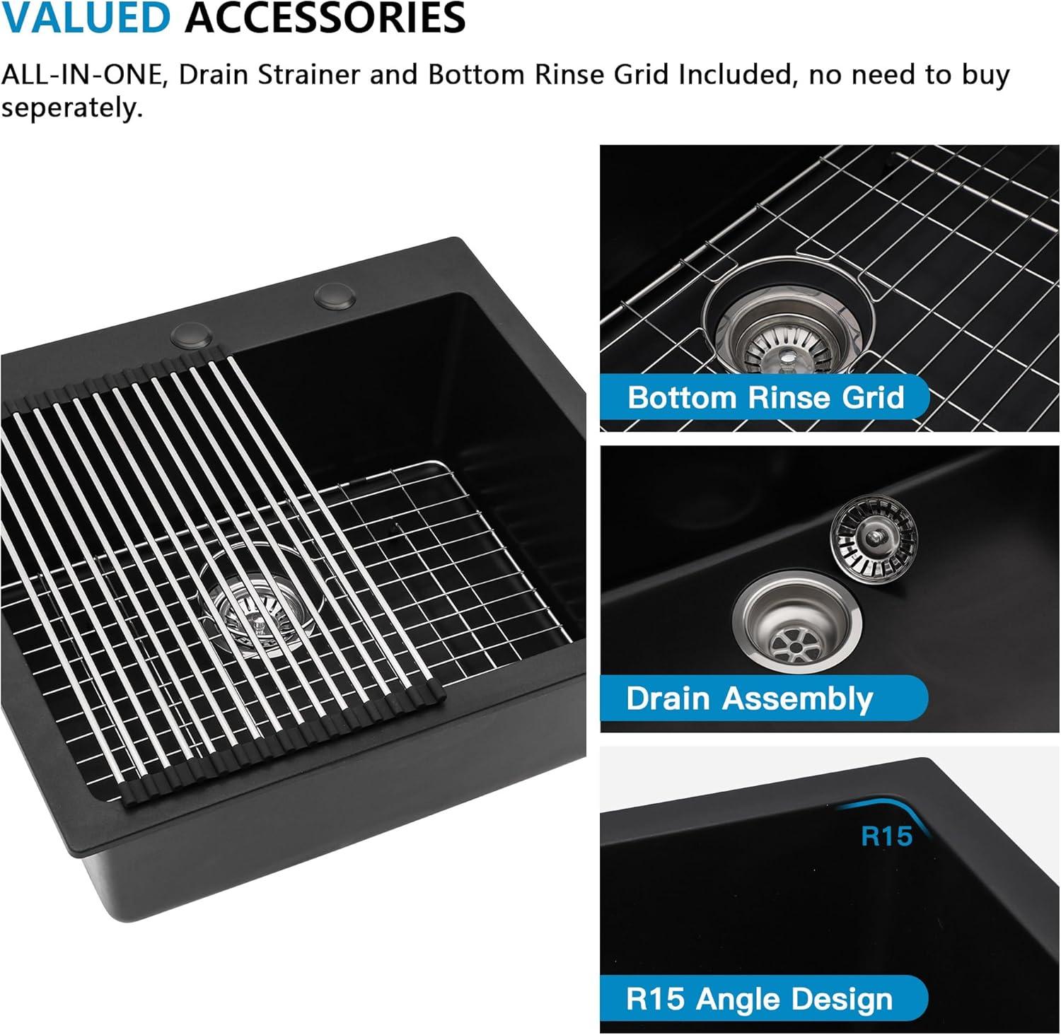 Quartz Kitchen Sink - 25X22" Black Granite Composite Drop In Kitchen Sink