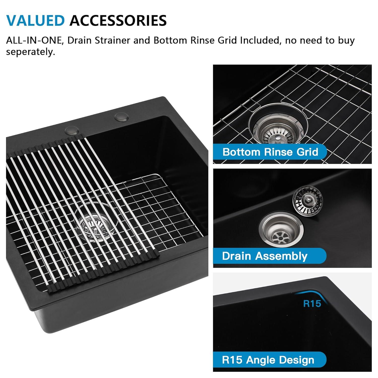 Quartz Kitchen Sink - 25X22" Black Granite Composite Drop In Kitchen Sink