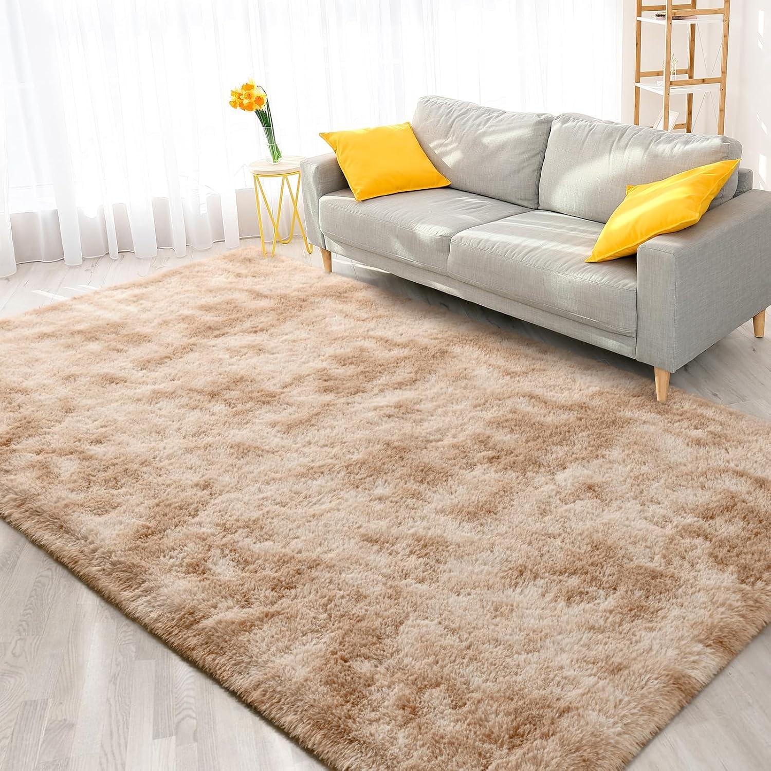 FlyDOIT Large Area Rugs for Living Room, 5x8 Feet Tie-Dyed Beige Shaggy Rug Fluffy Throw Carpets, Ultra Soft Plush Modern Indoor Fuzzy Rugs for Bedroom Girls Kids Nursery Room Dorm Home Decor