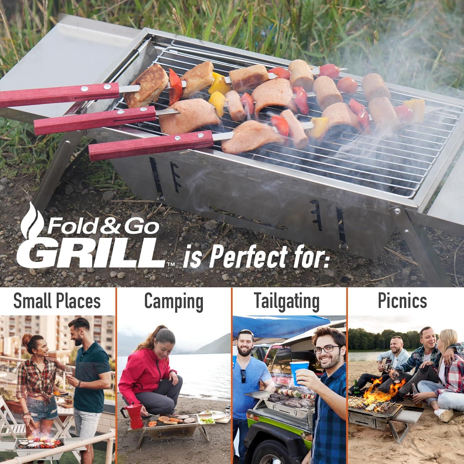 Griddle Buddy Fold N Go Portable Charcoal Camping Grill, Stainless Steel Mini Foldaway Grill for Travel, Camping, Backyard BBQ, Tailgating, Picnics, Instant Assembly.