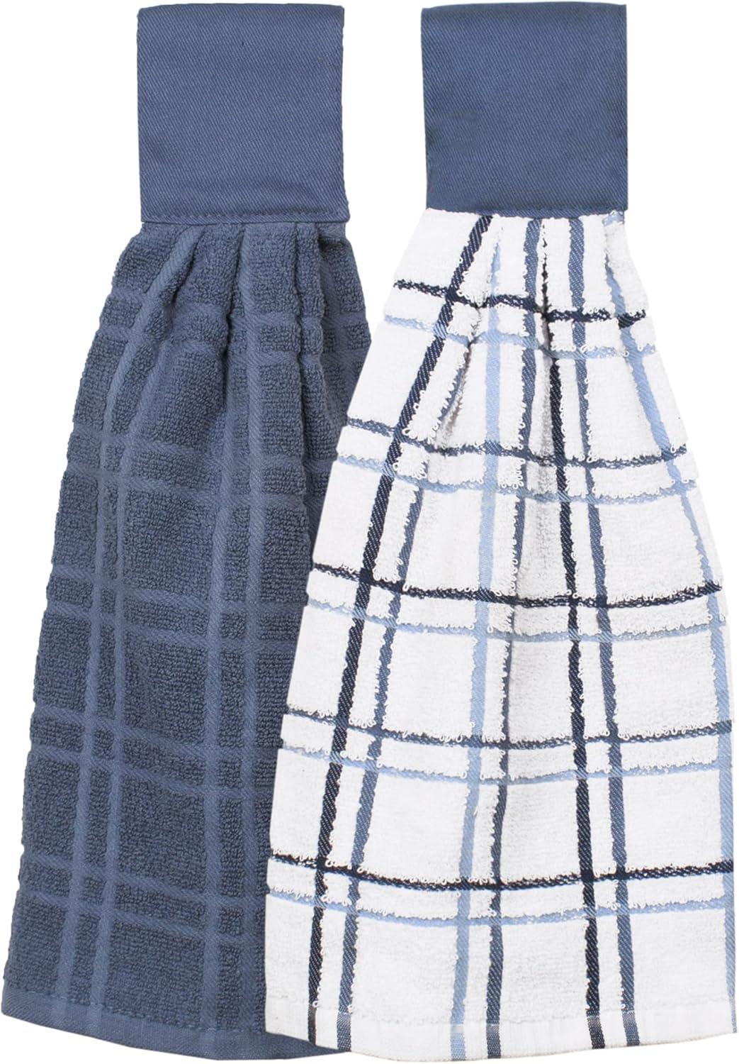 RITZ Solid and Multi Check Kitchen Tie Towel Set, 2-Pack, Federal Blue, 8.8” x 17”