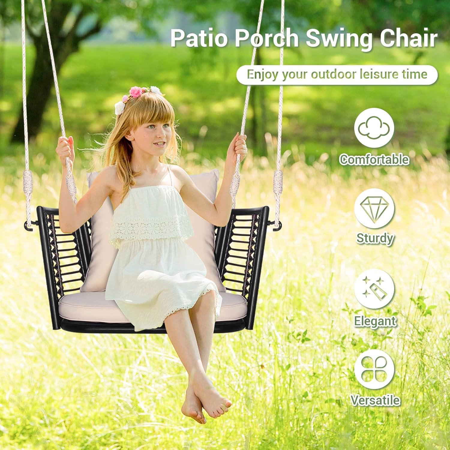 Gymax Outdoor Metal Porch Swing Single Person Hanging Seat w/ Woven Rattan Backrest Porch Backyard