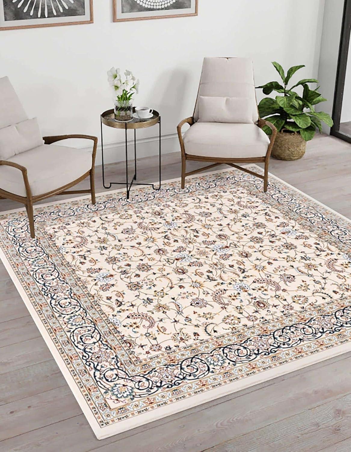 Ivory and Blue Synthetic Square Stain-Resistant Area Rug