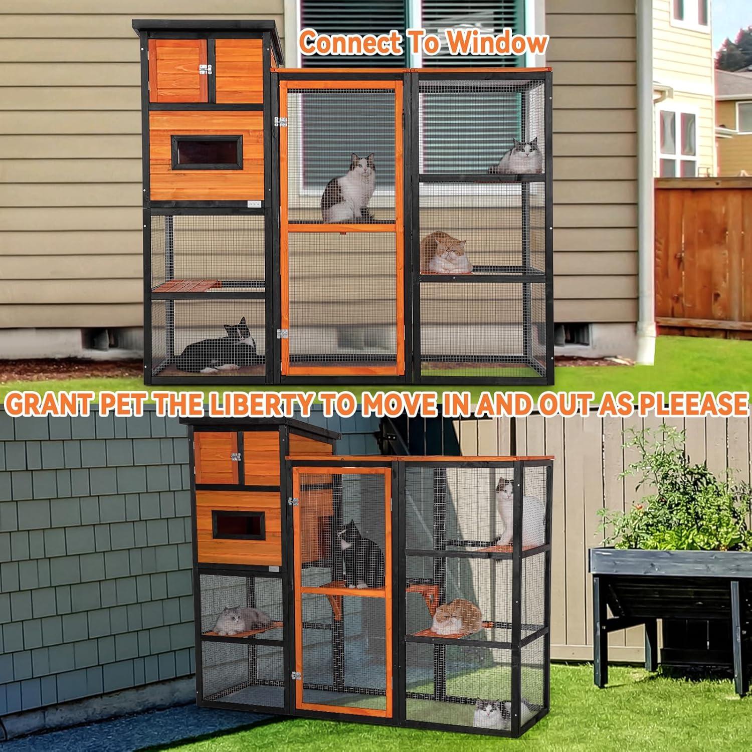 PETSFIT Outdoor Cat Catio 4 Tries, 2 Resting Room, 4 Platforms and Waterproof Roof, Outdoor Cat House ,Orange
