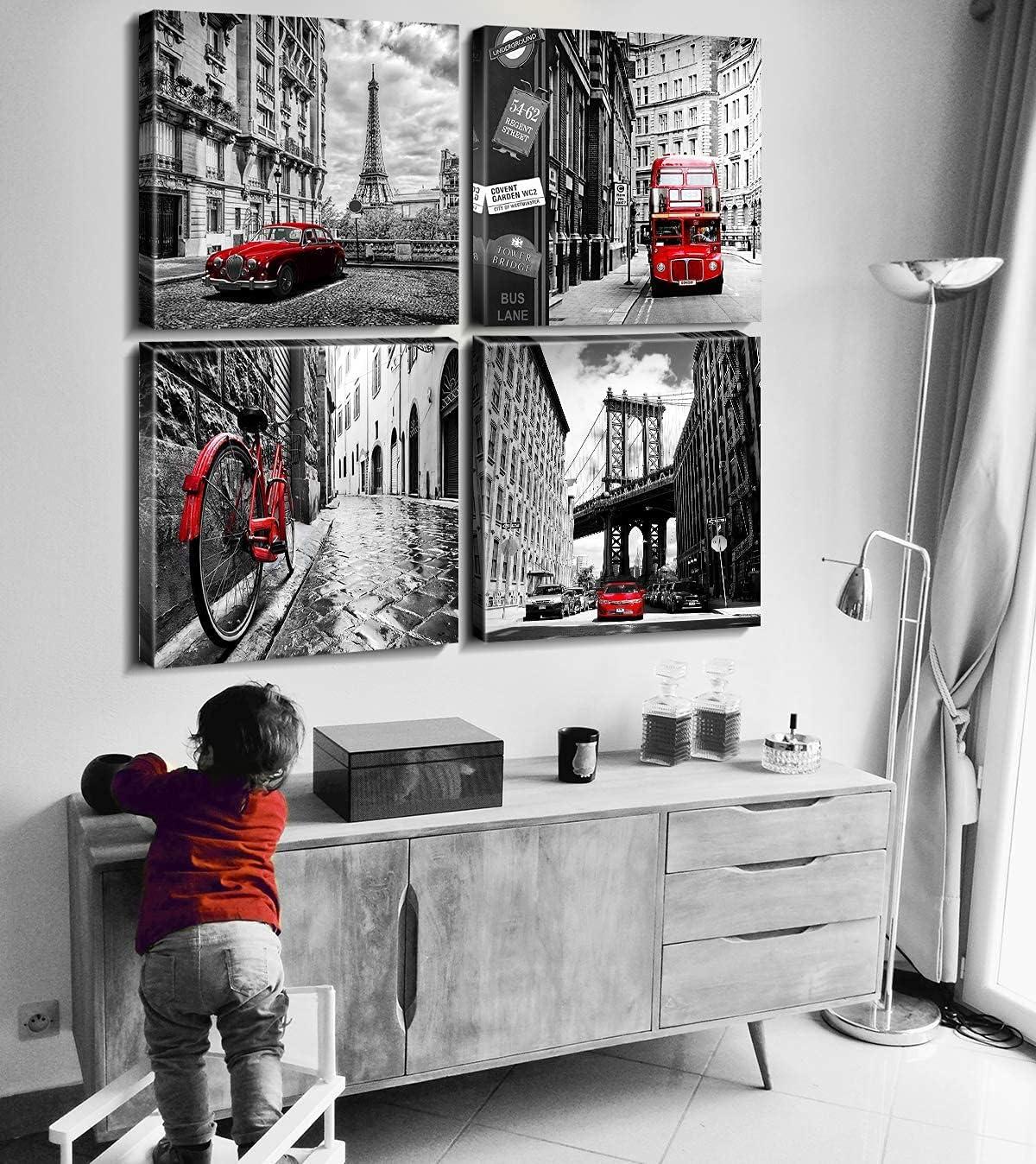 Black and White Wall Art Cityscape Pictures Modern Framed Wall Decor for Bedroom Bathroom Red City New York London Italy Paris Canvas Artworks Living Room Office Kitchen Home Decorations 16×16" 4 Pcs