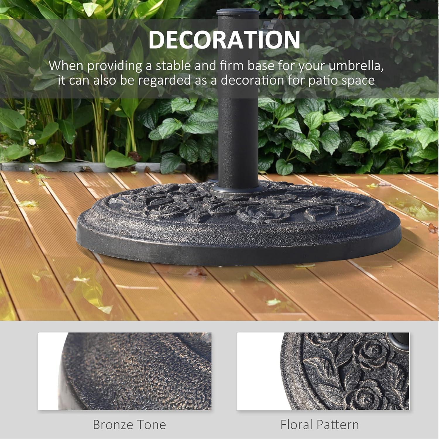 Outsunny 18" 20 lbs Round Resin Umbrella Base Stand Market Parasol Holder with Decorative Rose Floral Pattern & Easy Setup for Garden, Bronze