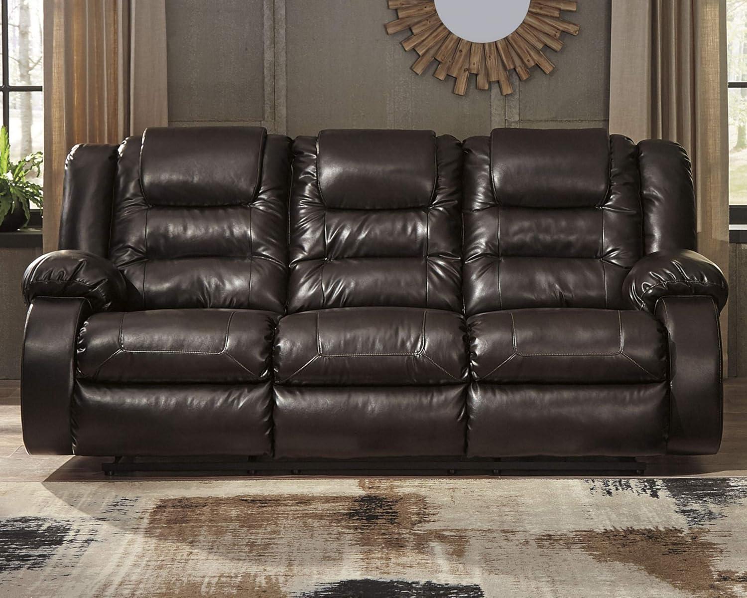 Vacherie Chocolate Faux Leather Reclining Sofa with Cup Holder