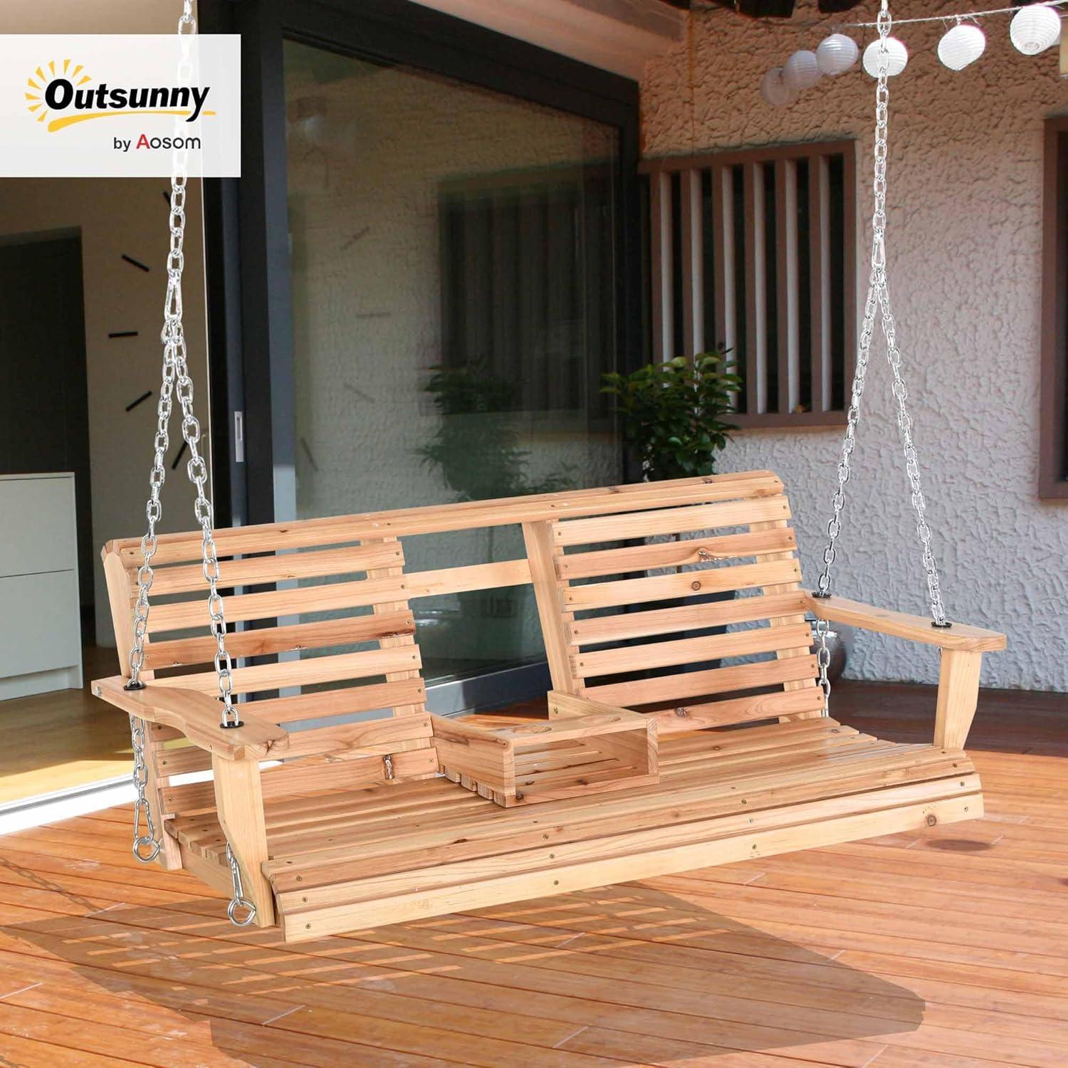 Outsunny 3-Seater Wooden Porch Swing, Patio Swing Bench with Folding Coffee Table, Cup Holders and Chains Included, 440lbs Weight Capacity, Natural