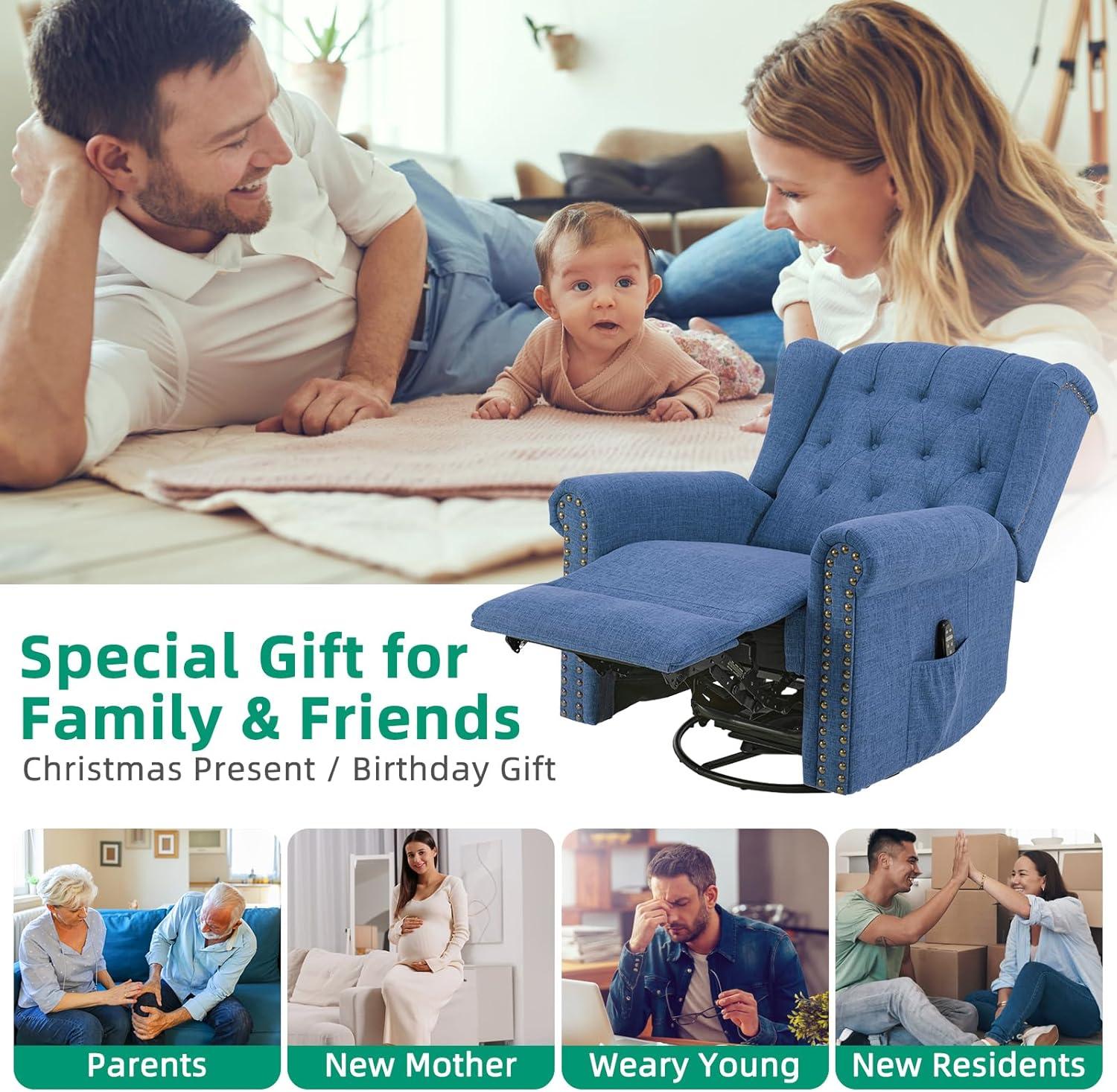 MEETWARM Meetwarm Power Swivel Rocking Glider Recliner Chair With Heat And Vibration, Electric Rocker Nursery Reclining Chair, Wingback Tufted Upholstered Recliner For Living Room, Type-C & Usb Ports