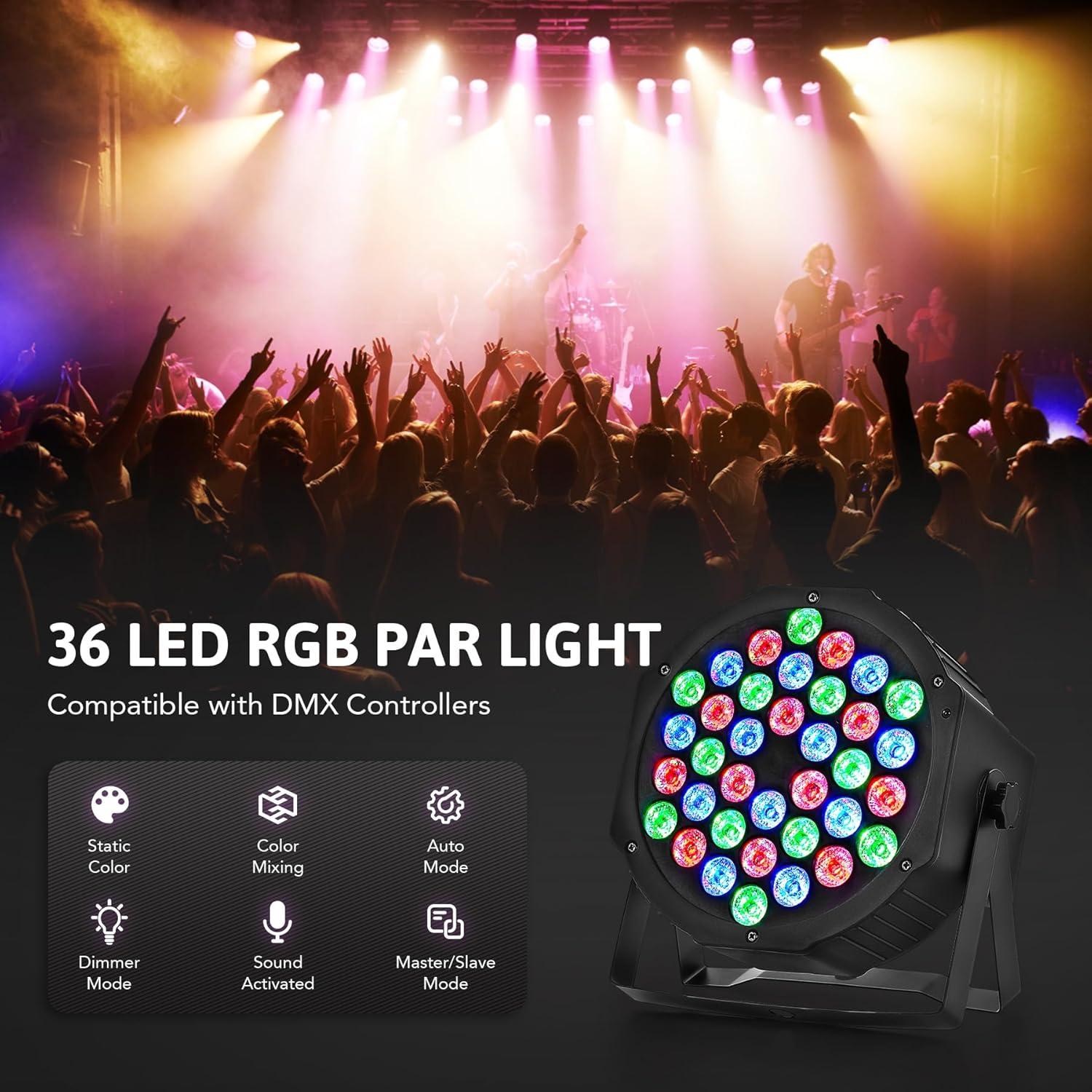 CO-Z Stage Lights 36 RGB LED Par Lights with Sound Activated Remote Control DJ Uplighting for Event Wedding Party Bar Club Music Stage Lighting, 2 Pack