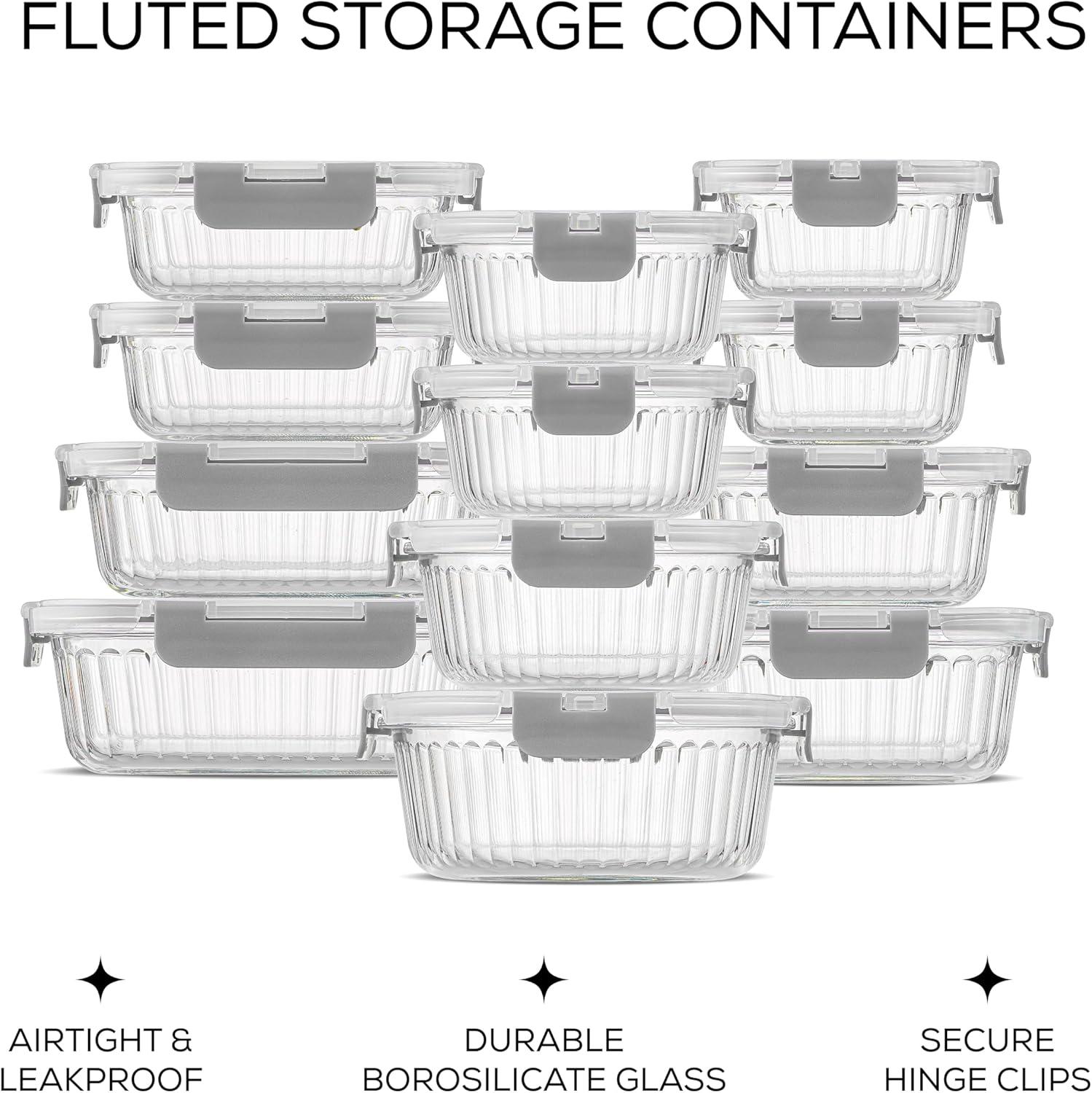 JoyJolt Fluted Glass Food Storage Containers with Leakproof Lids, Set of 12