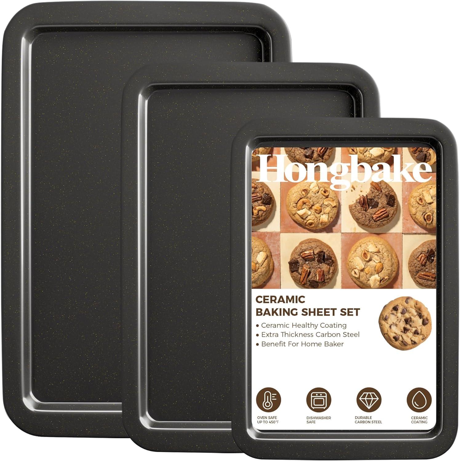 APPENIN WINTER PARK CORP Baking Sheet Pan Set, Cookie Sheet For Oven, Nonstick Bakeware Sets With Wider Grips, 3 Pack Half/Jelly Roll/Quarter Baking Tray, Premium, Dishwasher Safe - Dark Grey