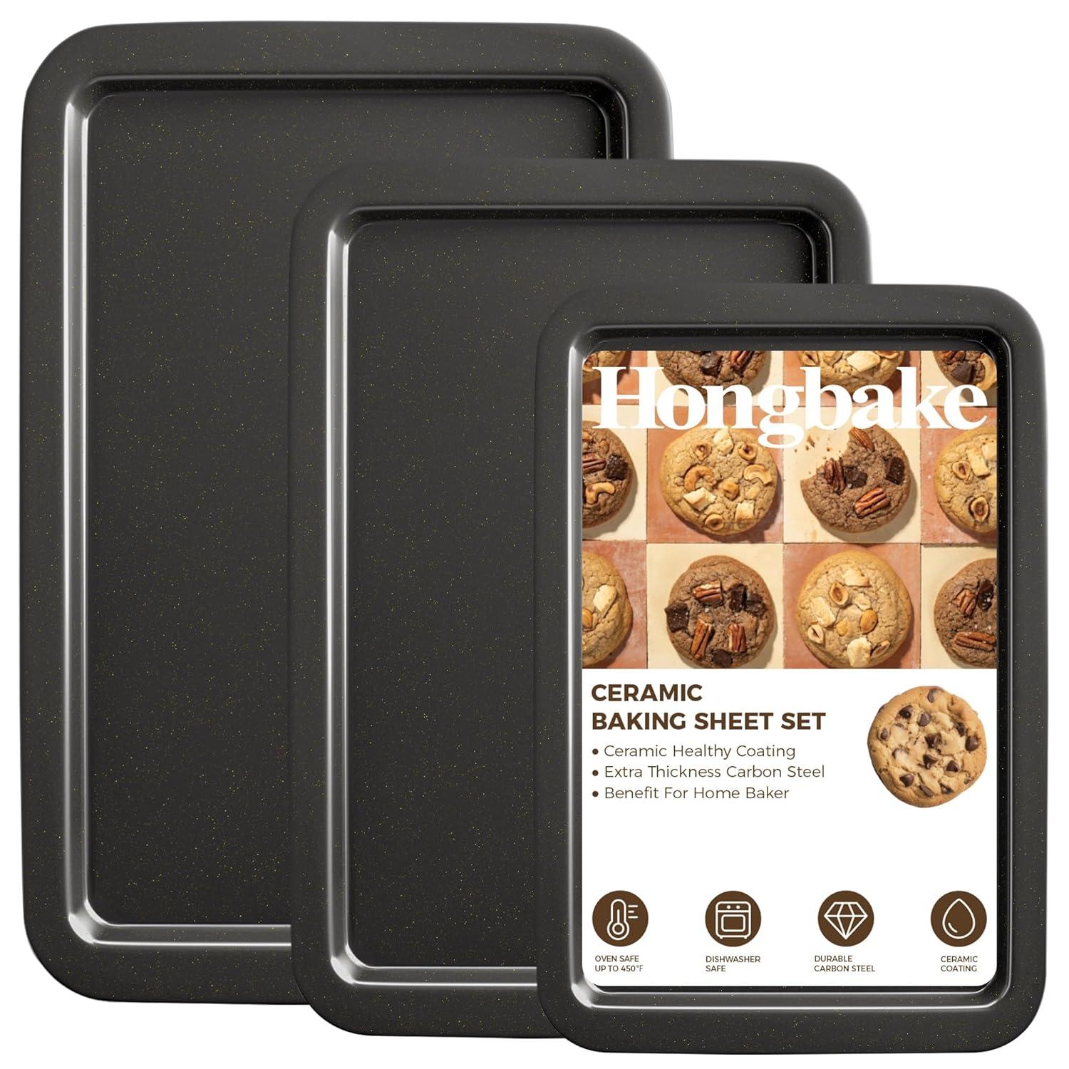 APPENIN WINTER PARK CORP Baking Sheet Pan Set, Cookie Sheet For Oven, Nonstick Bakeware Sets With Wider Grips, 3 Pack Half/Jelly Roll/Quarter Baking Tray, Premium, Dishwasher Safe - Dark Grey