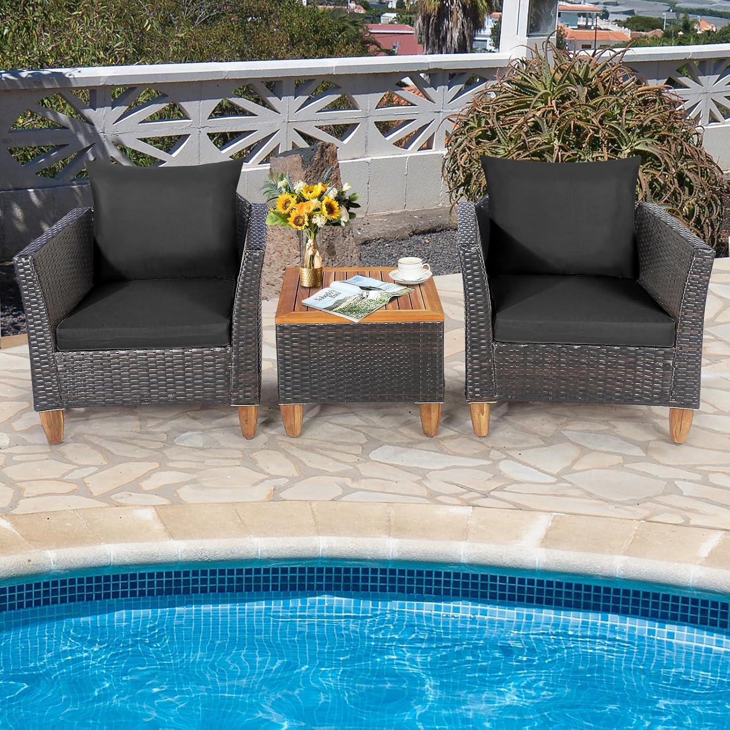 Costway 3PCS Outdoor Patio Rattan Furniture Set Wooden Table Top Cushioned Sofa Black