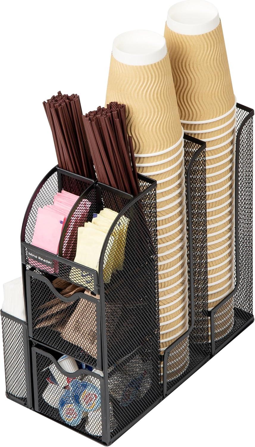 Mind Reader Cup and Condiment Station, Countertop Organizer, Coffee Bar, Kitchen, Metal Mesh, 5.75"L x 11"W x 11.5"H