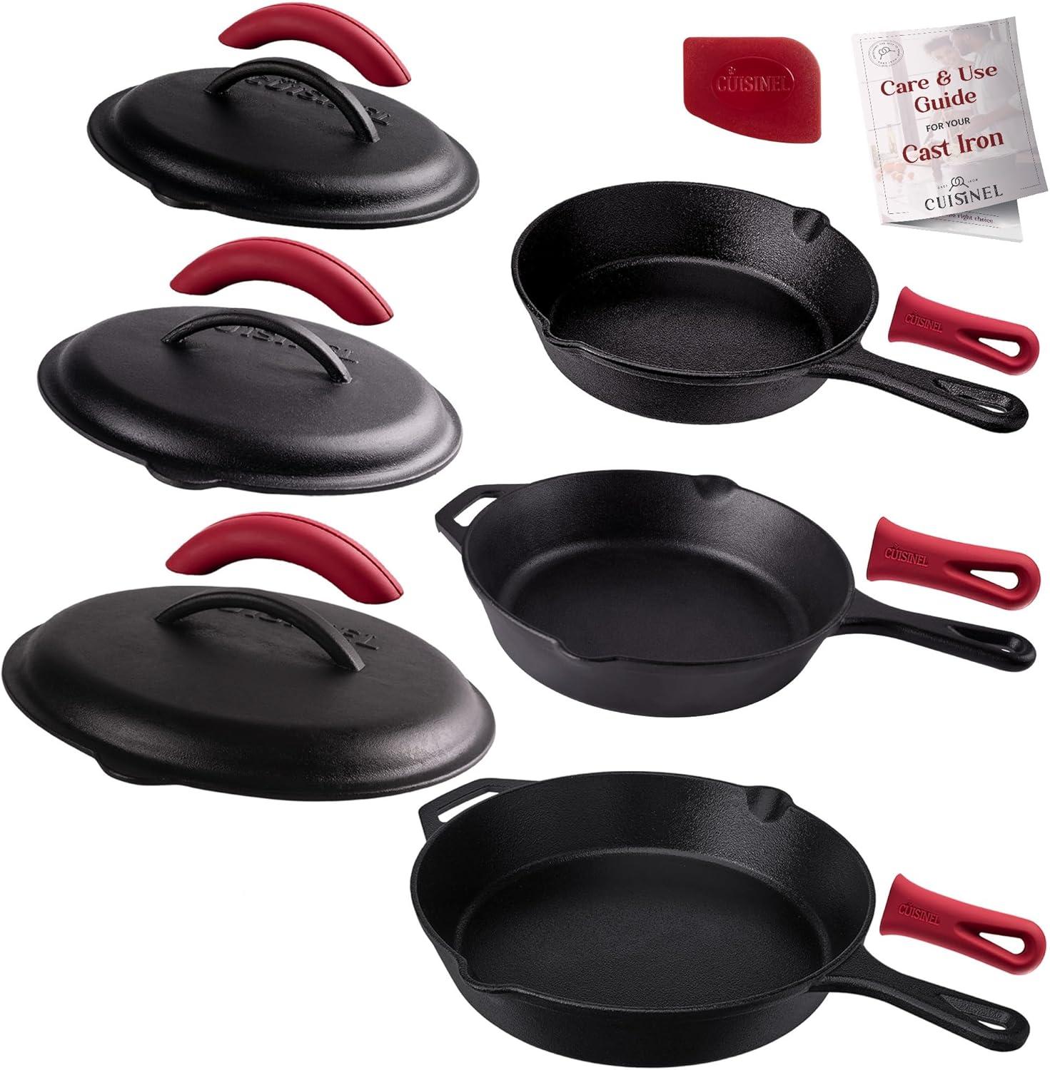 Cuisinel Cast Iron Skillet Set with Lids - 8"+10"+12"-inch Pre-Seasoned Covered Frying Pan Set + Silicone Handle and Lid Holders + Scraper/Cleaner