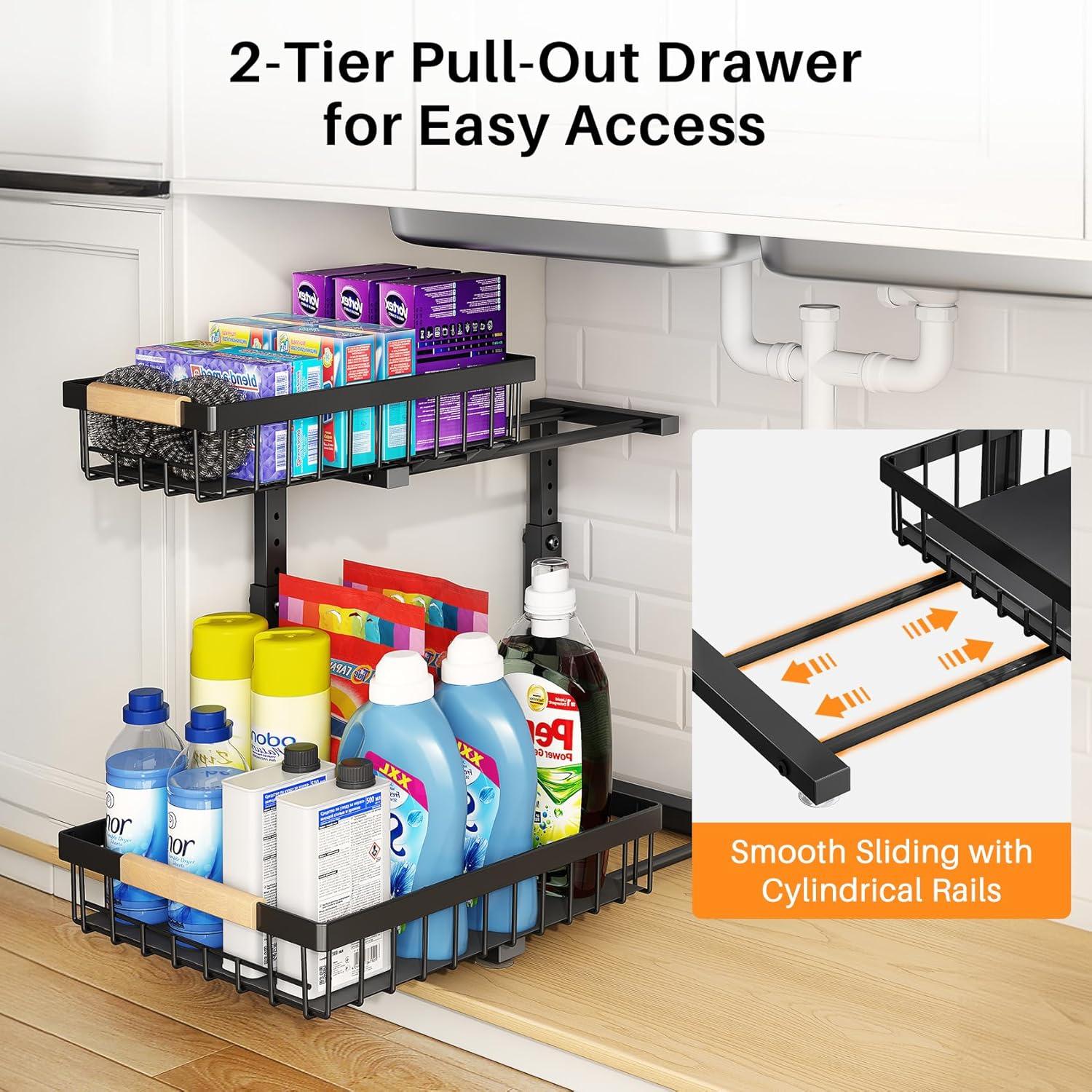 Under Sink Organizers and Storage, 2 Pack Pull Out Kitchen Bathroom Cabinet Organizer, 2 Tier Black Under Sink Storage for Bathroom Kitchen, Under Counter Storage Organizer with 8 Hooks