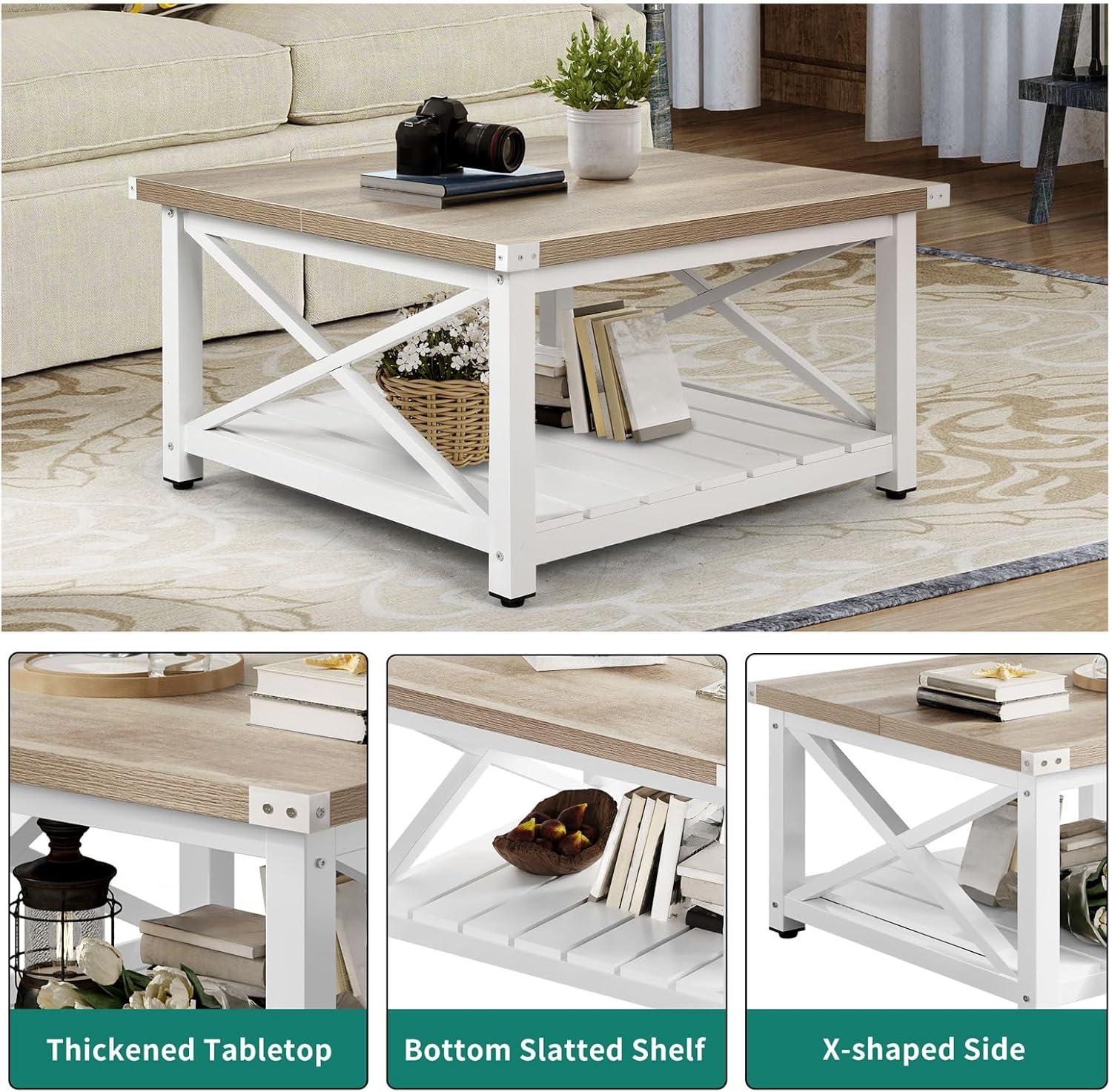 DEXTRUS Farmhouse Square Wood Coffee Table with Open Storage Shelf