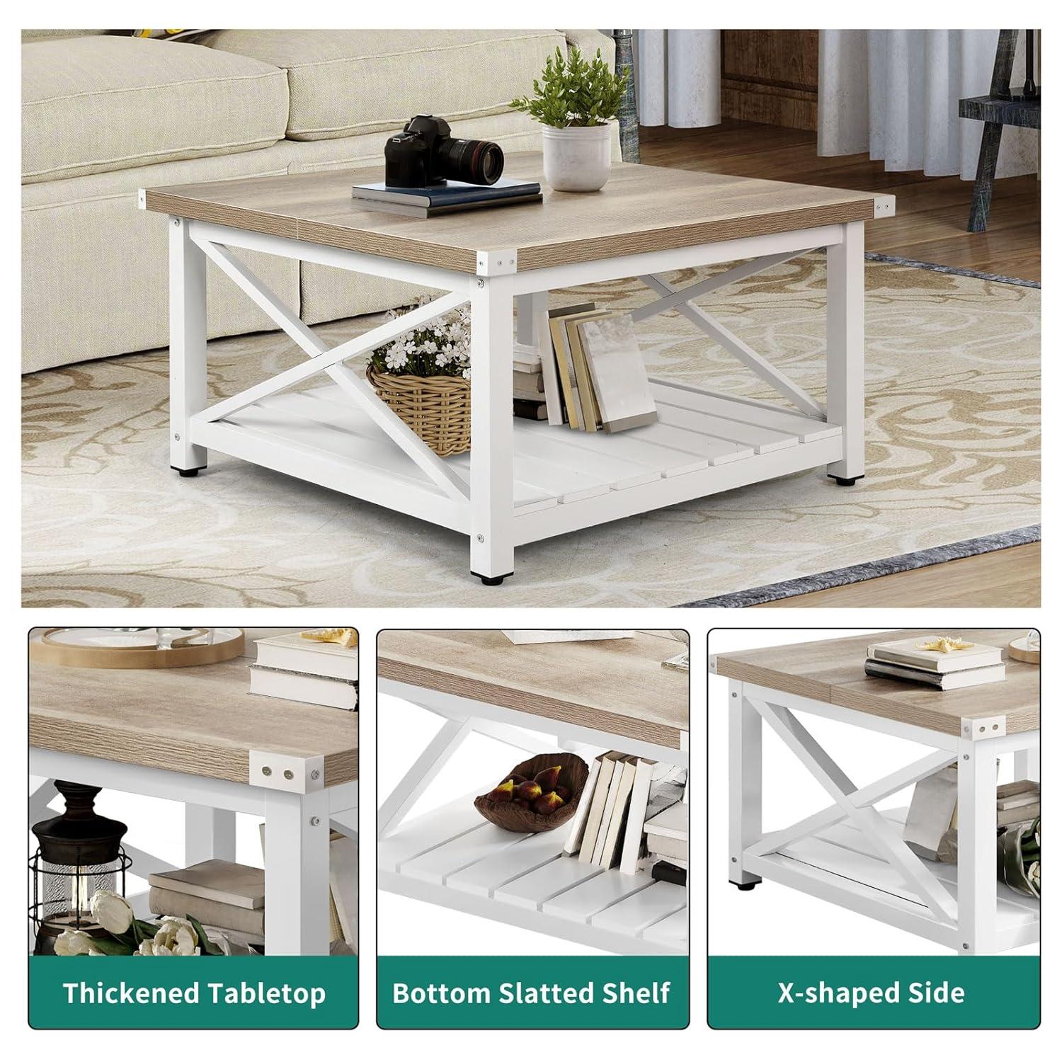 DEXTRUS Farmhouse Square Wood Coffee Table with Open Storage Shelf