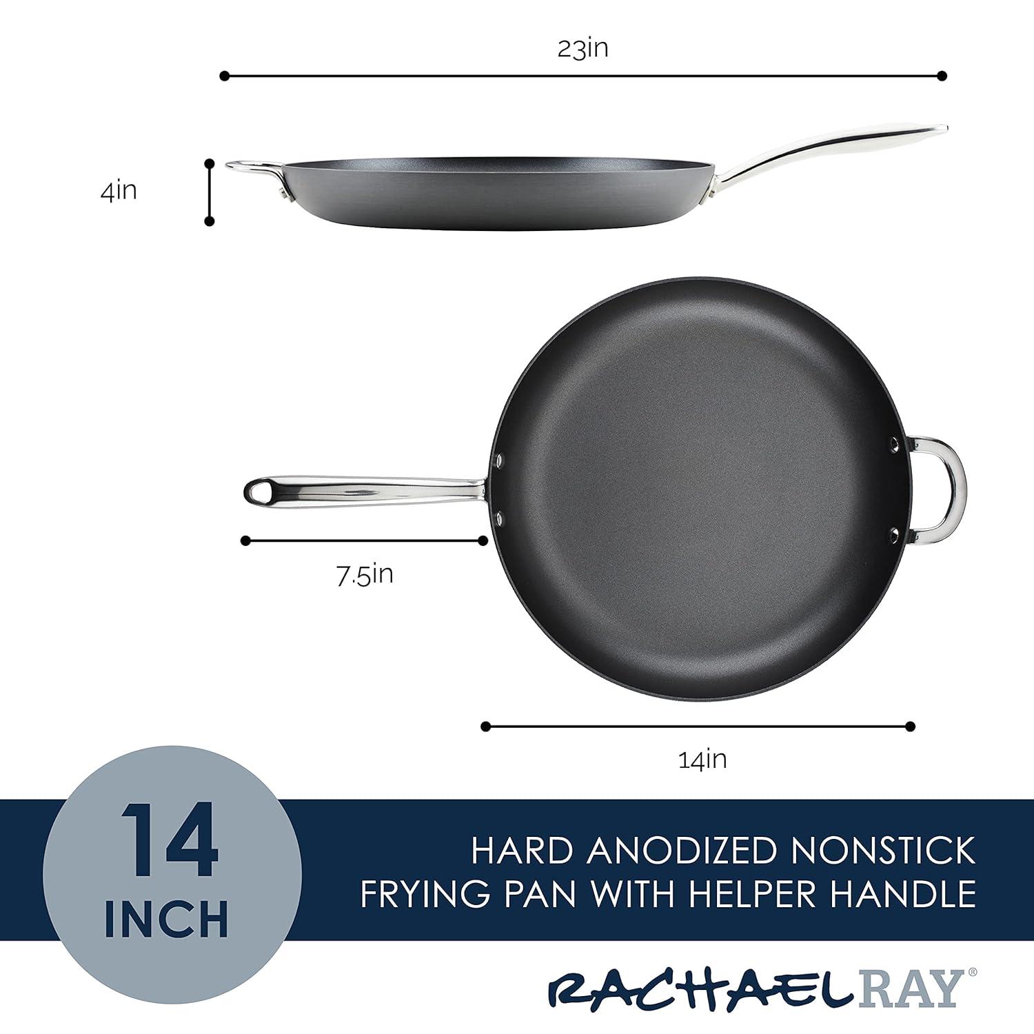 Rachael Ray Hard Anodized 14 inch Nonstick Frying Pan with Helper Handle, Gray