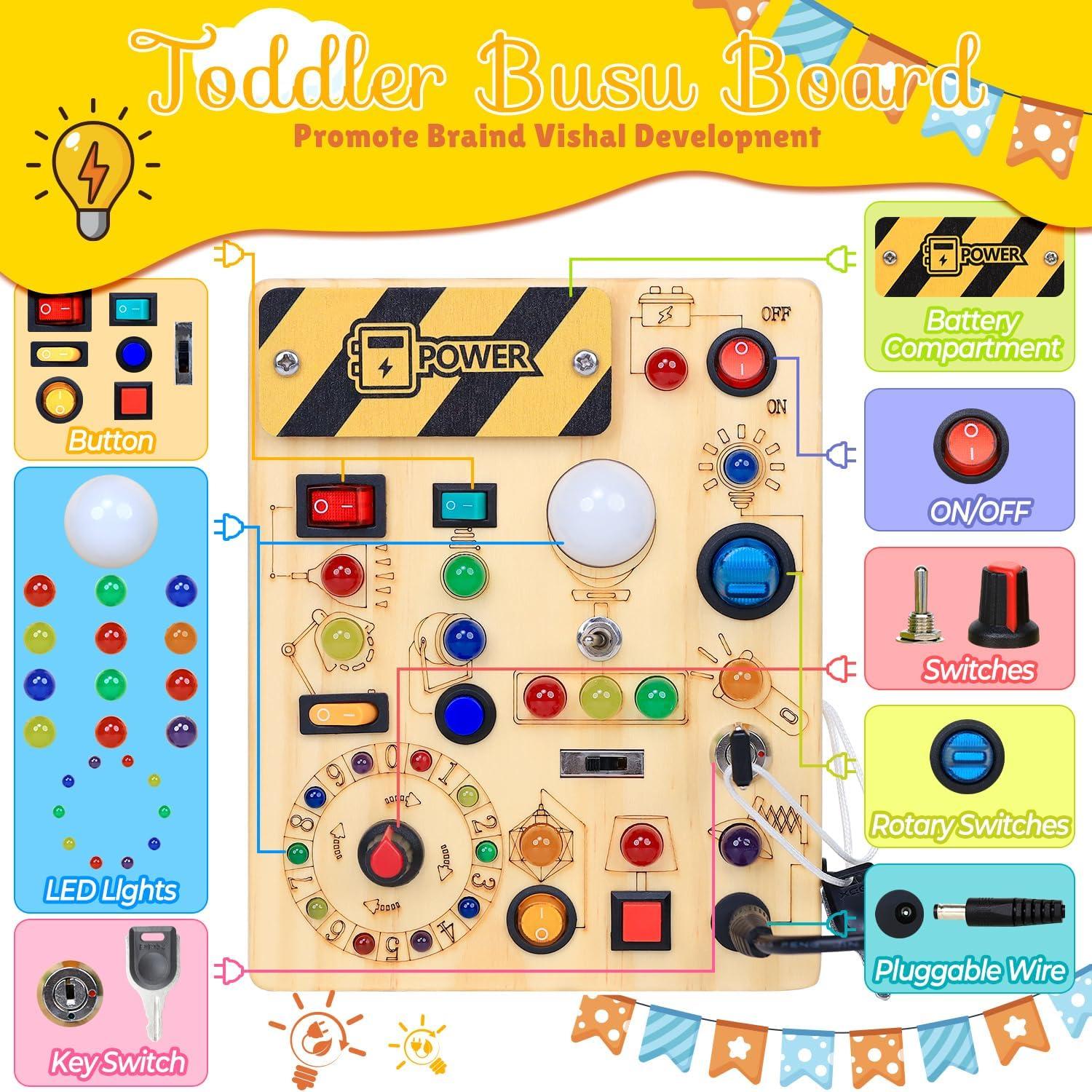 RichBoy Busy Board for 1-3 Year Old, LED Light Sensory Toys for Kids with Autism, Wooden Fine Motor Skills Montessori Toys, Toddlers Birthday Gift (Activity Sturdy, Well-Made)