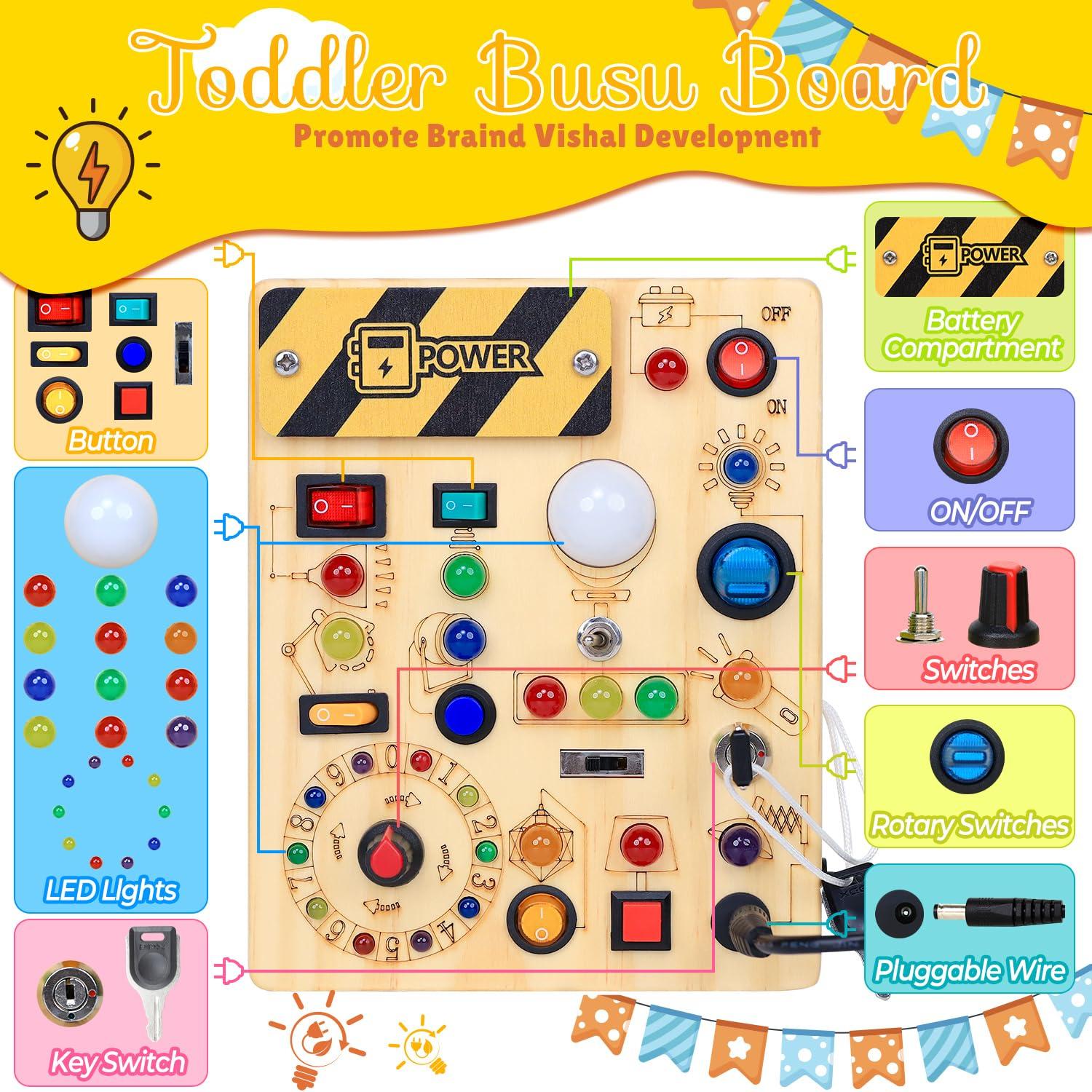 RichBoy Busy Board for 1-3 Year Old, LED Light Sensory Toys for Kids with Autism, Wooden Fine Motor Skills Montessori Toys, Toddlers Birthday Gift (Activity Sturdy, Well-Made)