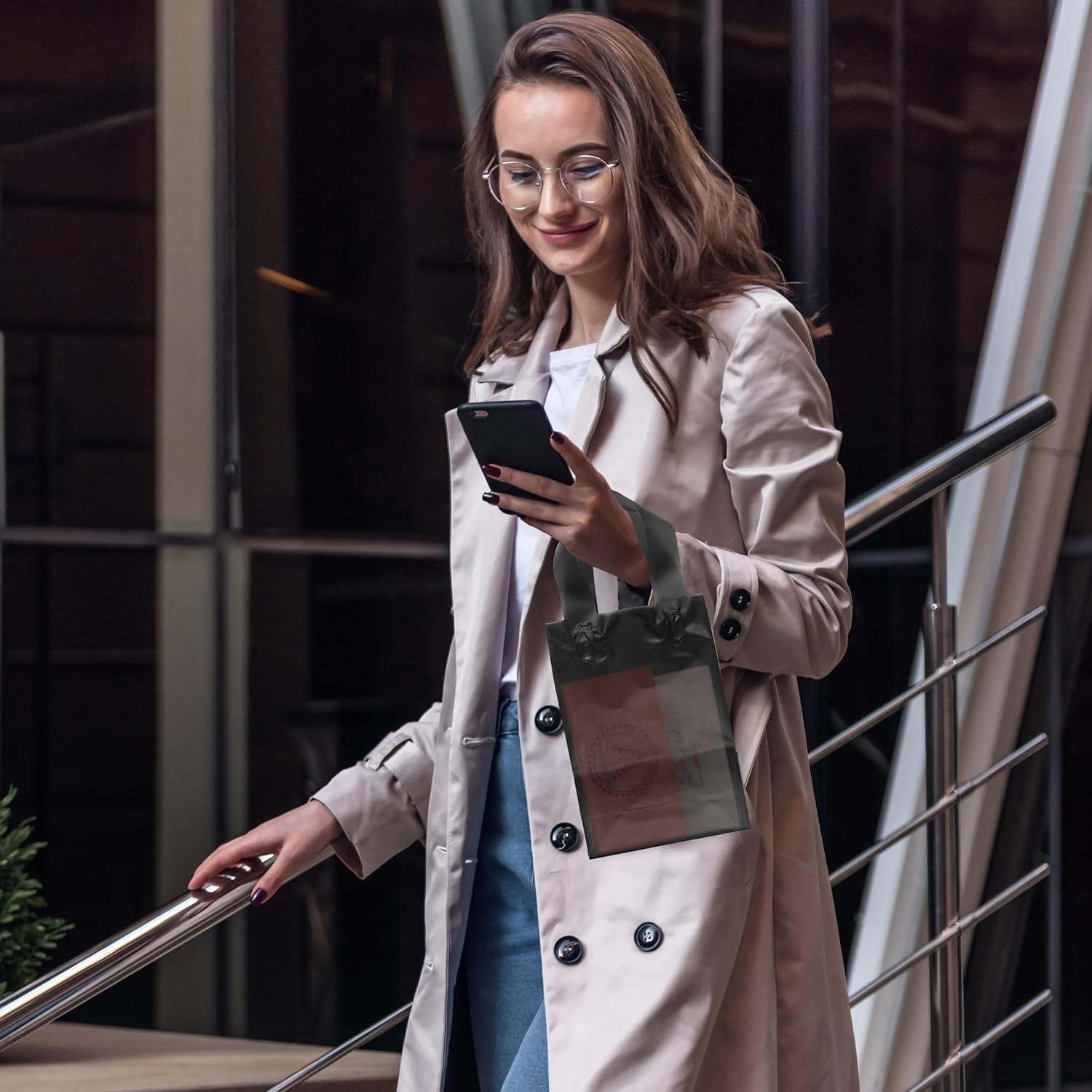 Black Frosted Plastic Gift Bags with Handles, 6x3x9 inches