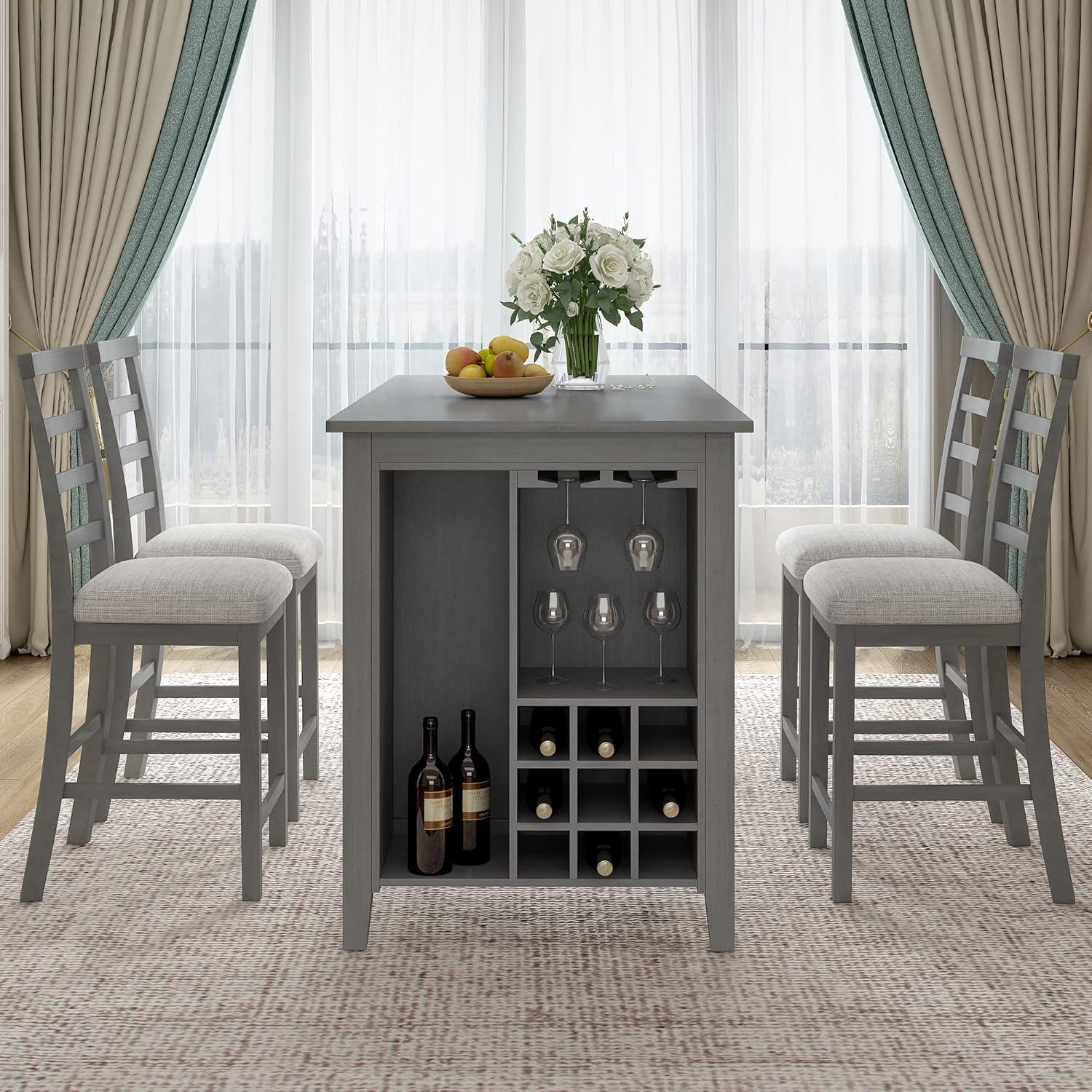 5-Piece Multi-Functional Rubber Wood Counter Height Dining Set with Padded Chairs and Integrated 9 Bar Wine Compartment, Wineglass Holders for Dining Room (Gray) 39AAE