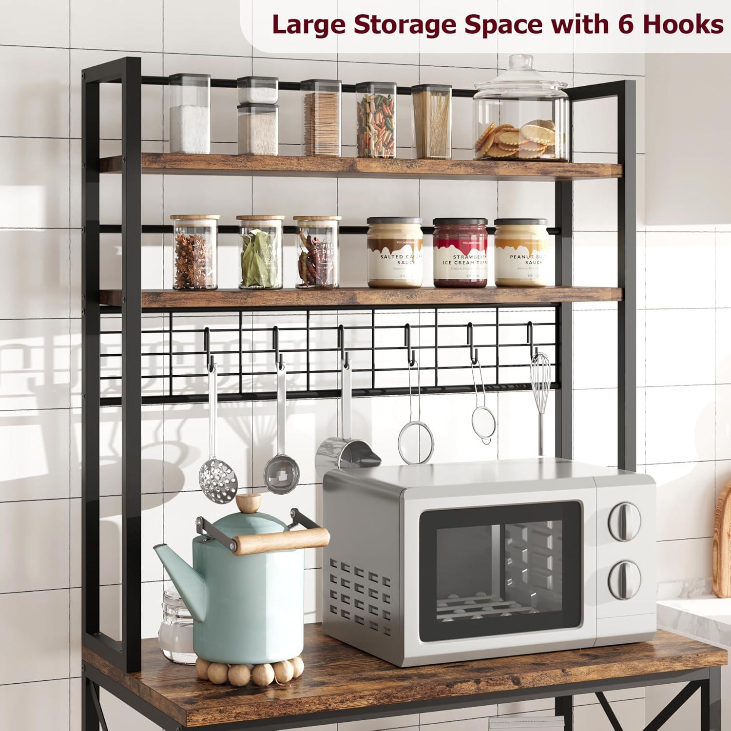 IDEALHOUSE Kitchen Bakers Rack, Microwave Oven Stand with Large Storage, Industrial Coffee Bar Station, 5-Tier Kitchen Utility Storage Shelf with 6 Hooks for Spice, Pots Organizer, Rustic Brown