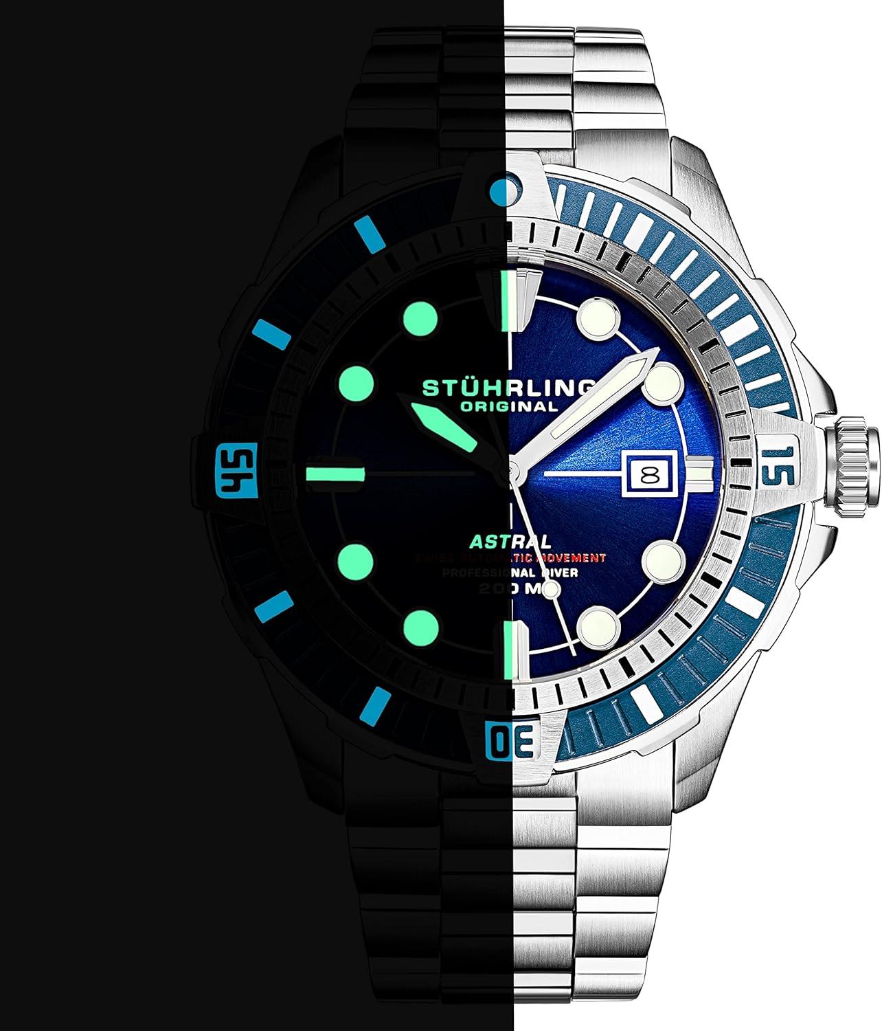 Stuhrling Mens Dive Watch with Swiss Automatic Movement Stainless Steel Case and Bracelet Screw Down Crown Water Resistant to 200 Meters