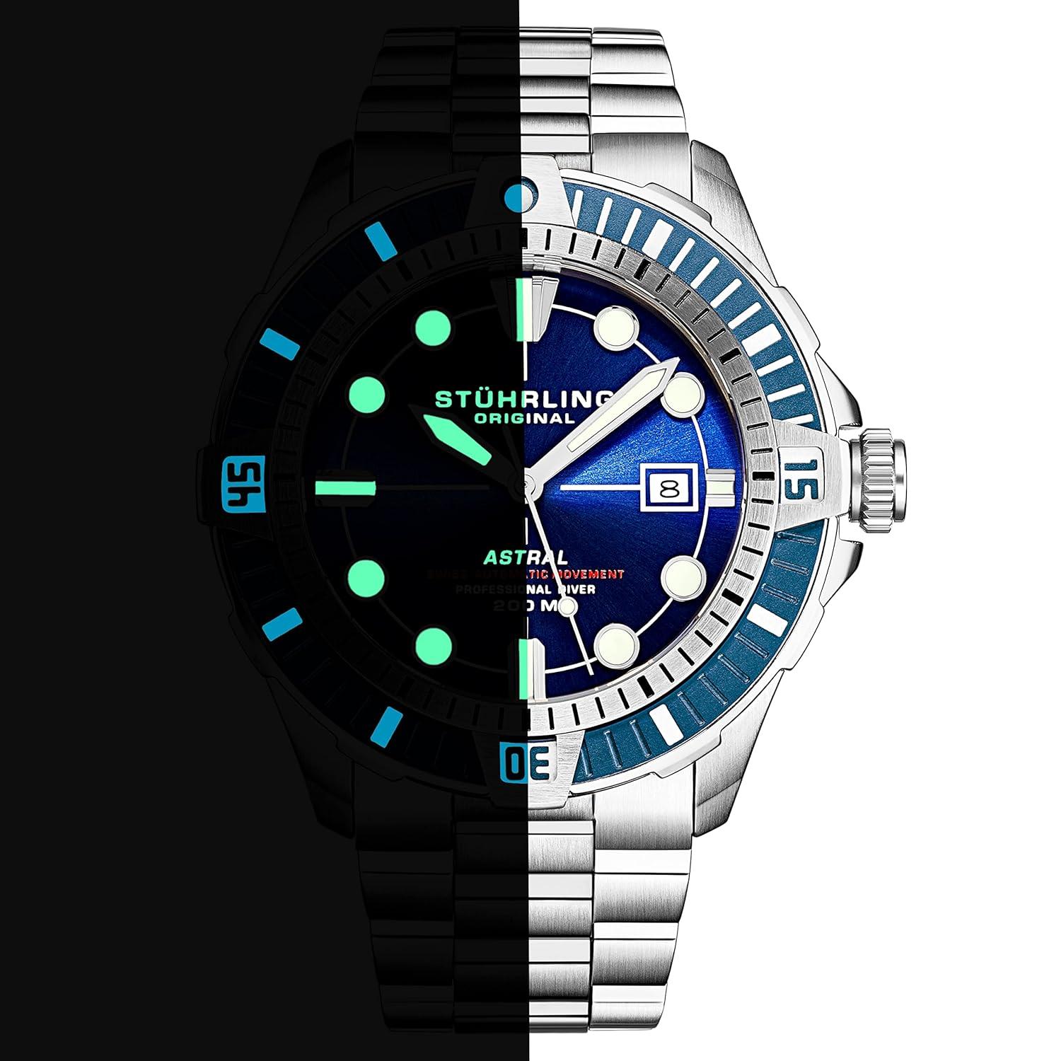 Stuhrling Mens Dive Watch with Swiss Automatic Movement Stainless Steel Case and Bracelet Screw Down Crown Water Resistant to 200 Meters