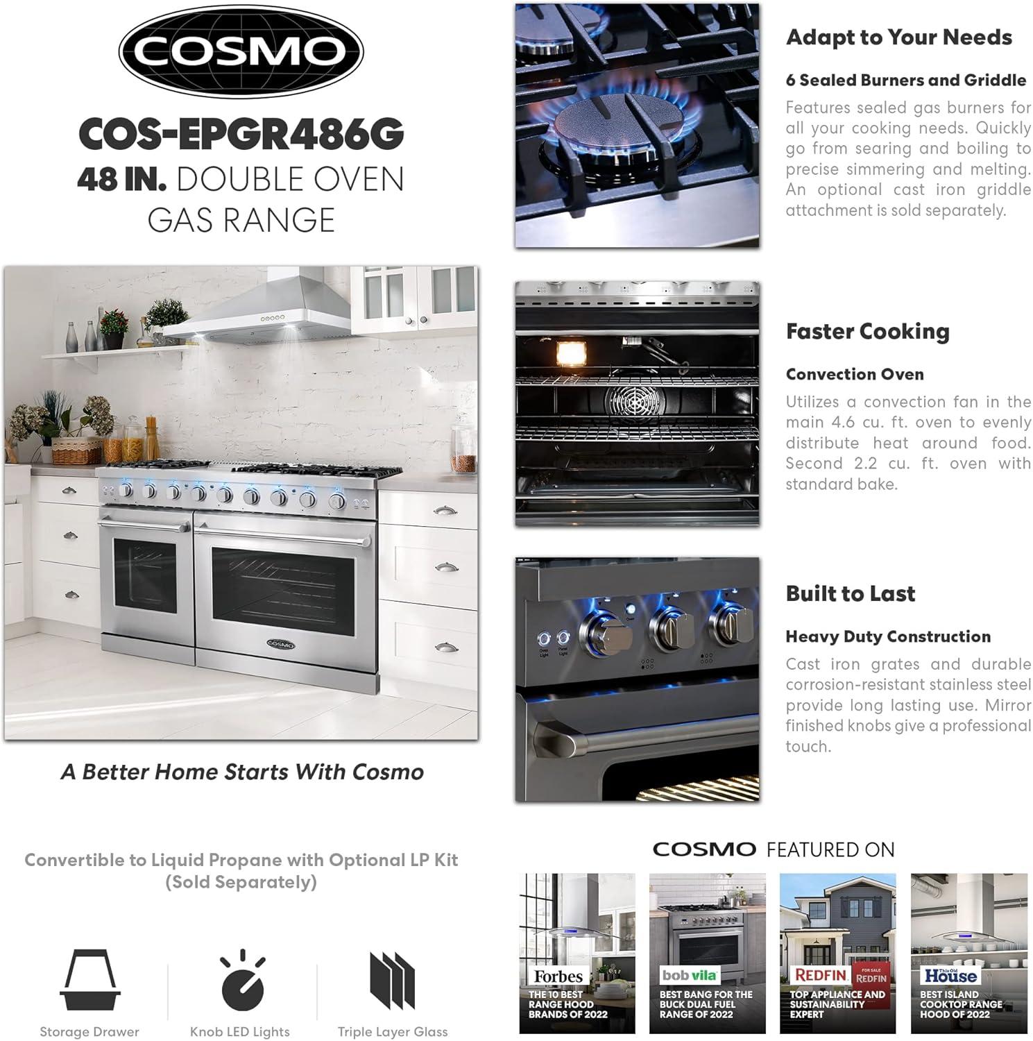 Cosmo 48" 6.8 cu. ft. Double Oven, Natural Gas Freestanding Convection Range