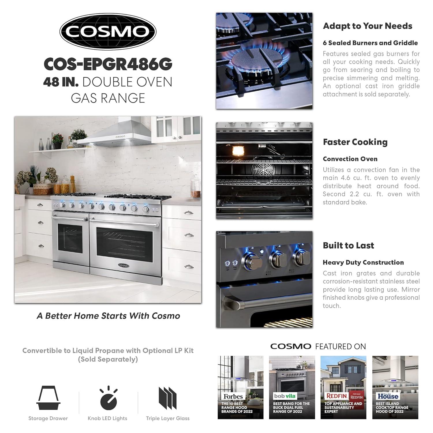 Cosmo 48 in. Haven Collection 7 cu. ft. Double Oven Gas Range, 6 Burners, Griddle, Convection, Knob LEDs, Stainless Steel