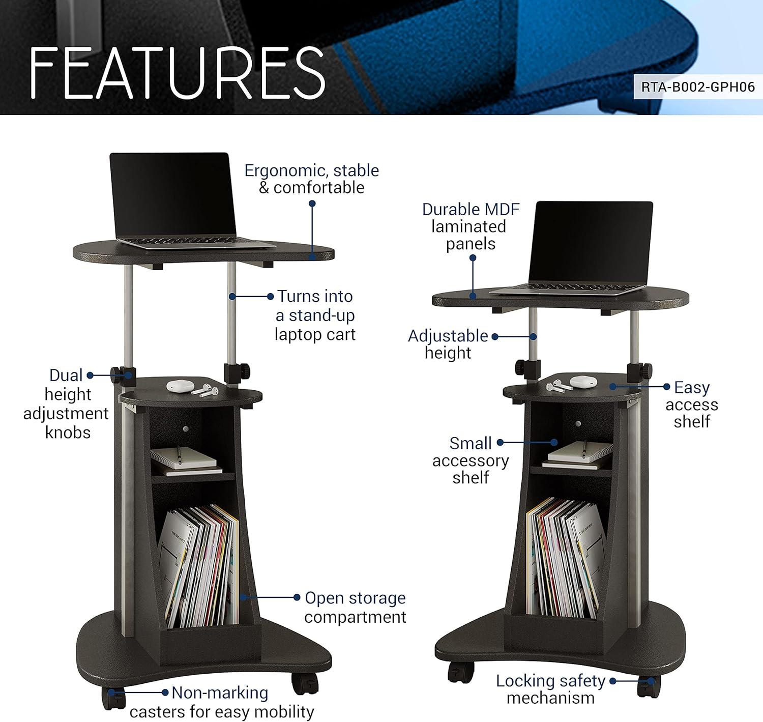 Graphite Adjustable Height Rolling Laptop Cart with Storage