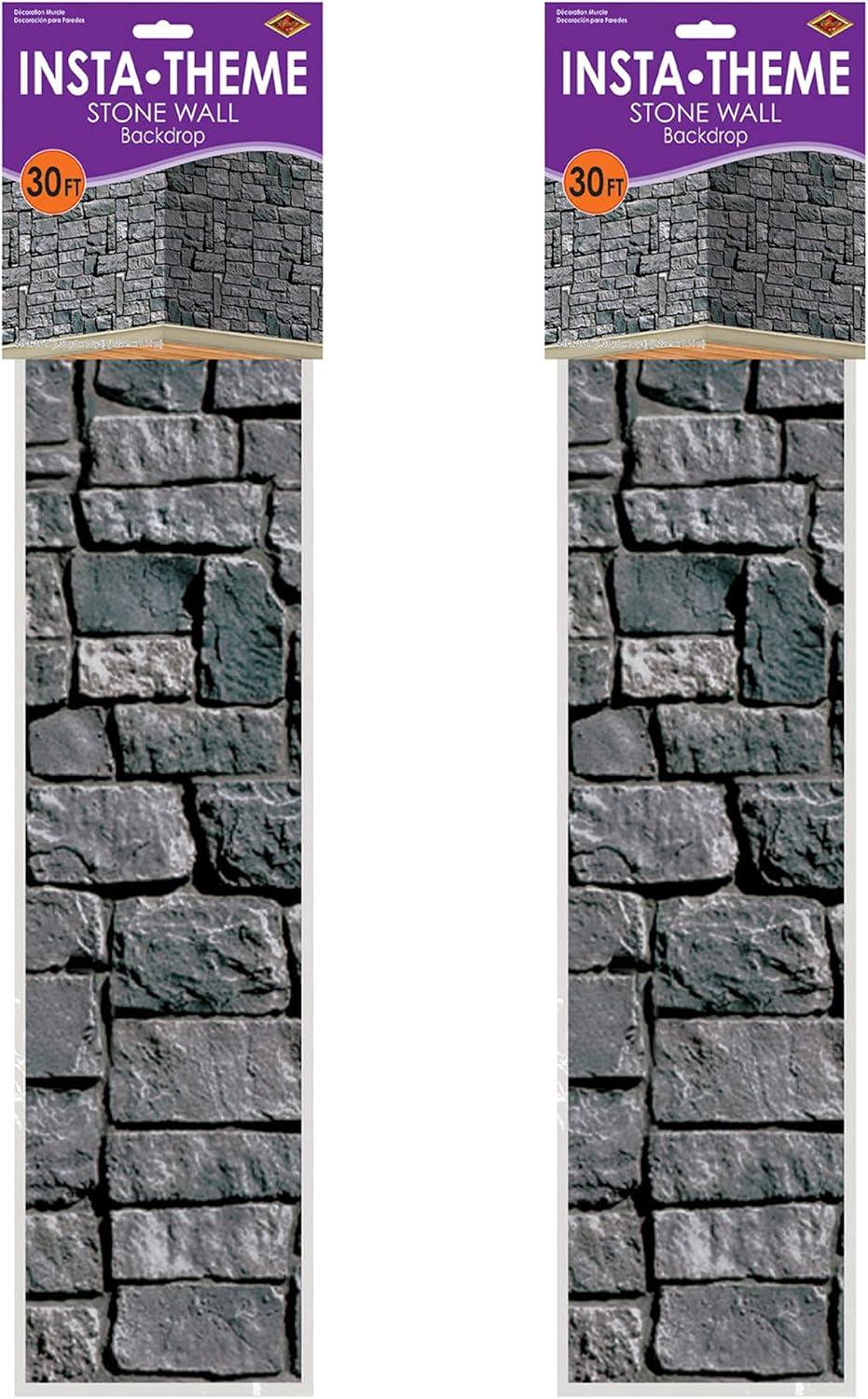 Beistle Brick Stone Wall Backdrops, 4’ x 30’, 2 Pack – Medieval Party Decorations, Medieval Decor Background, Photo Backdrop, Easy to Adhere Wall Covering, Stone Backdrop, Halloween Party Decorations