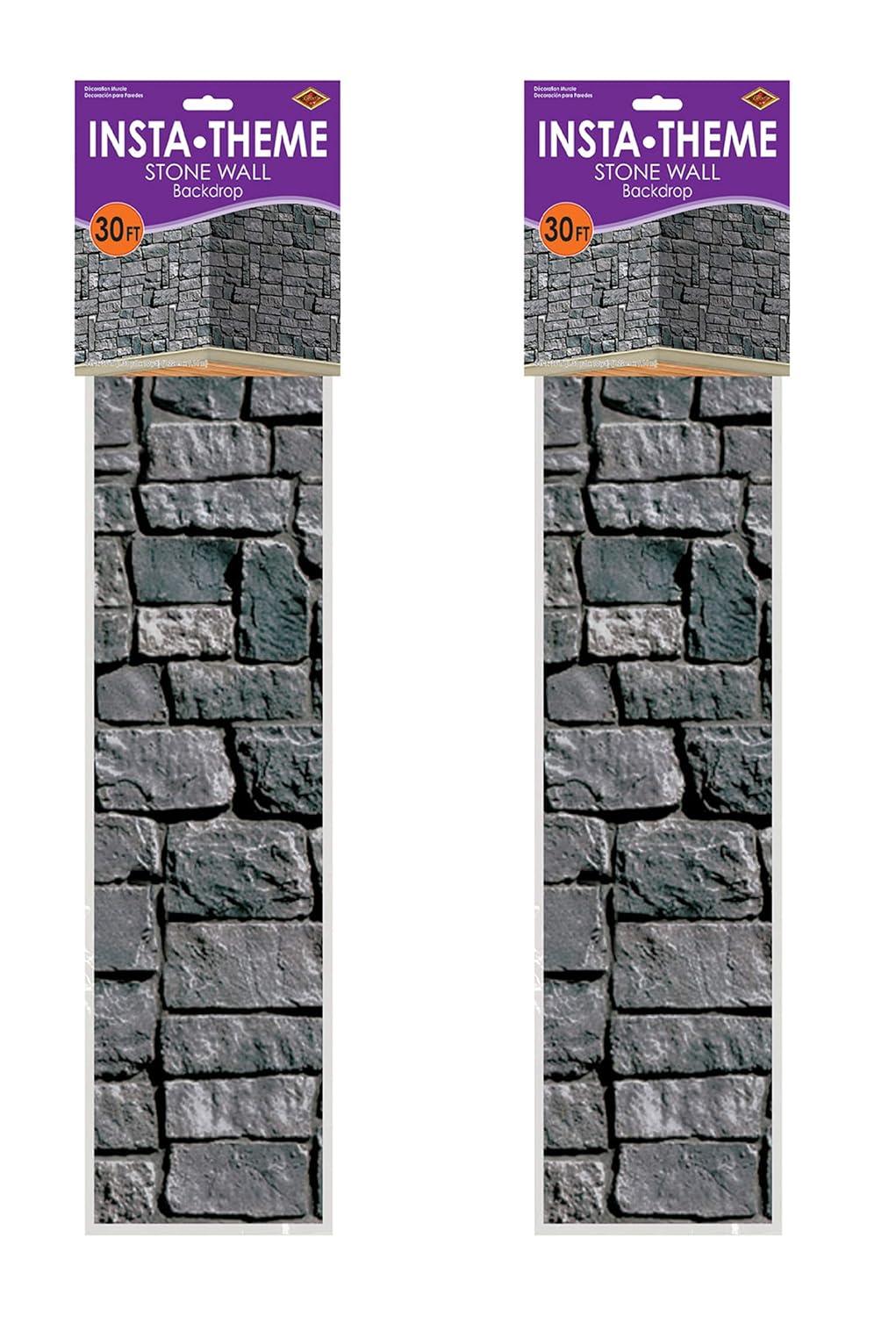 Beistle Brick Stone Wall Backdrops, 4’ x 30’, 2 Pack – Medieval Party Decorations, Medieval Decor Background, Photo Backdrop, Easy to Adhere Wall Covering, Stone Backdrop, Halloween Party Decorations