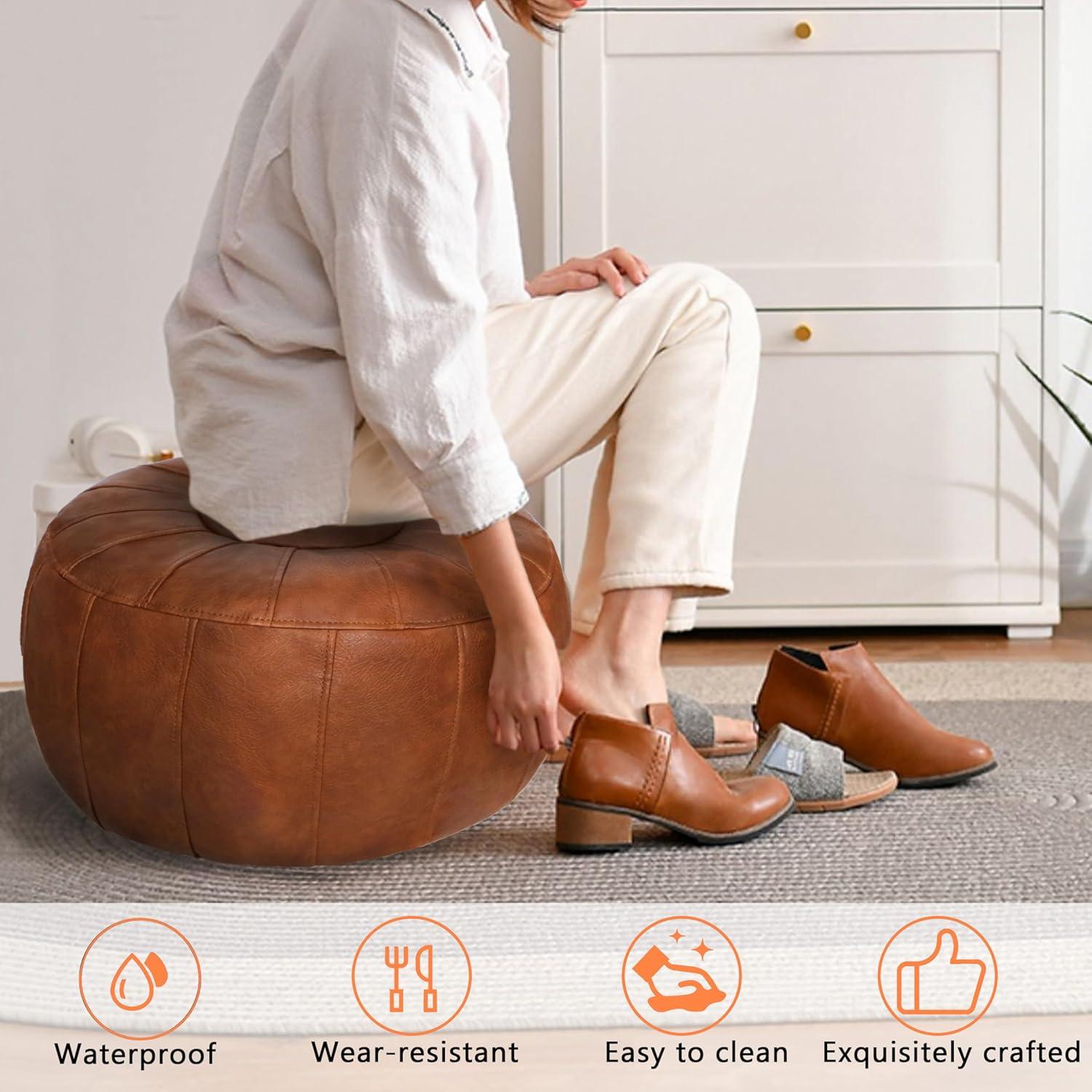 Unstuffed Handmade Moroccan Round Pouf Foot Stool Ottoman Seat Faux Leather Large Storage Bean Bag Floor Chair Foot Rest For Living Room, Bedroom Or Wedding Gifts