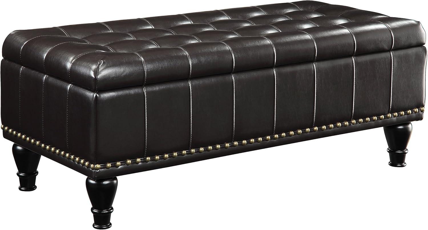 Espresso Bonded Leather Tufted Storage Ottoman with Nailhead Accents