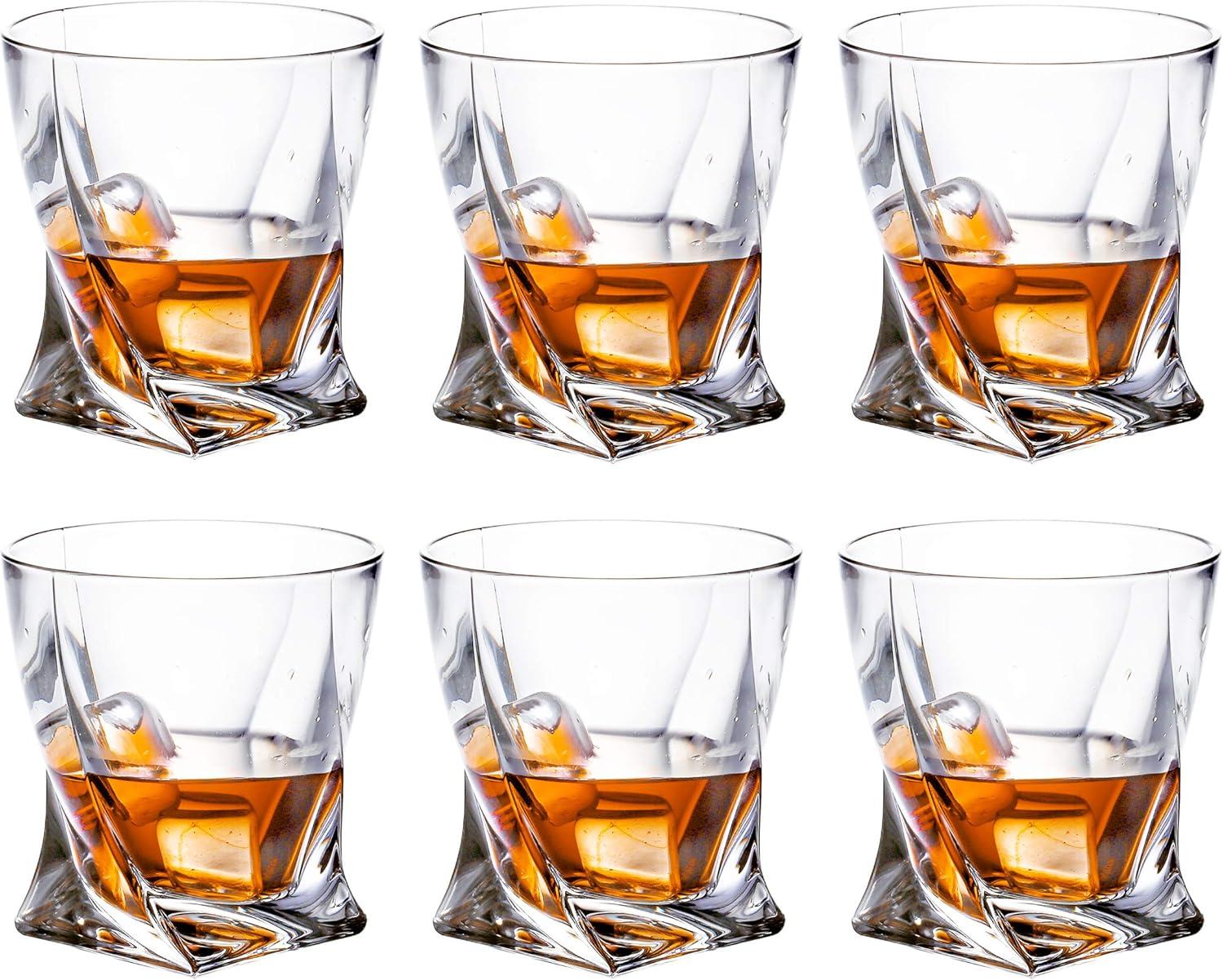 Set of 6 Twist Whiskey Glass - Lead Free Crystal Old Fashioned Glasses  10 Ounce Liqueur & Spirits Glasses