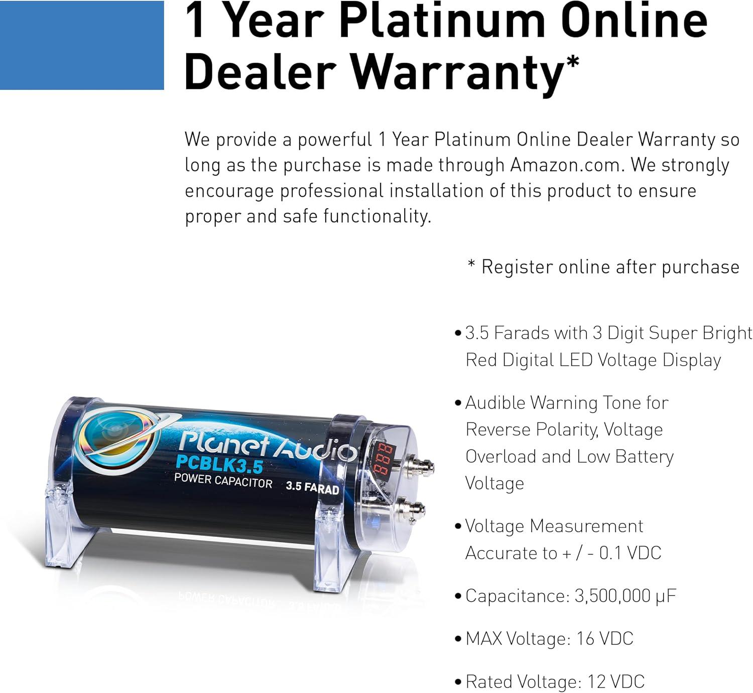 Planet Audio PCBLK3.5 Farad Capacitor w/ Red Digital Voltage Meter Display