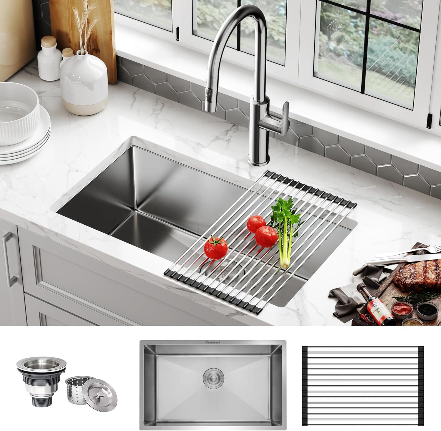 Hupicker 30 Inch Kitchen Sink for Single Bowl,Undermount Kitchen Sink Stainless Steel Sink 16 Gauge Kitchen Sinks with Accessories, Easy Drain and Low Noise 30"*18"*10"