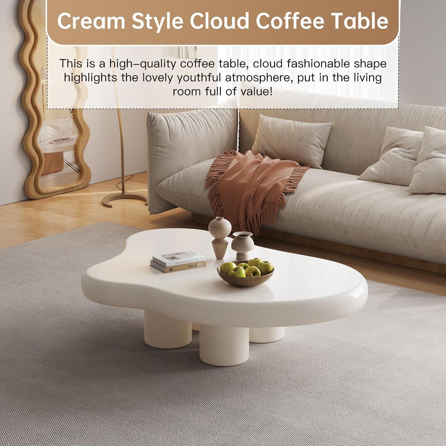 Guyii 41.02" Cream White Cloud Coffee Table, Irregular Coffee Table with 3 Legs for Living Room, Office