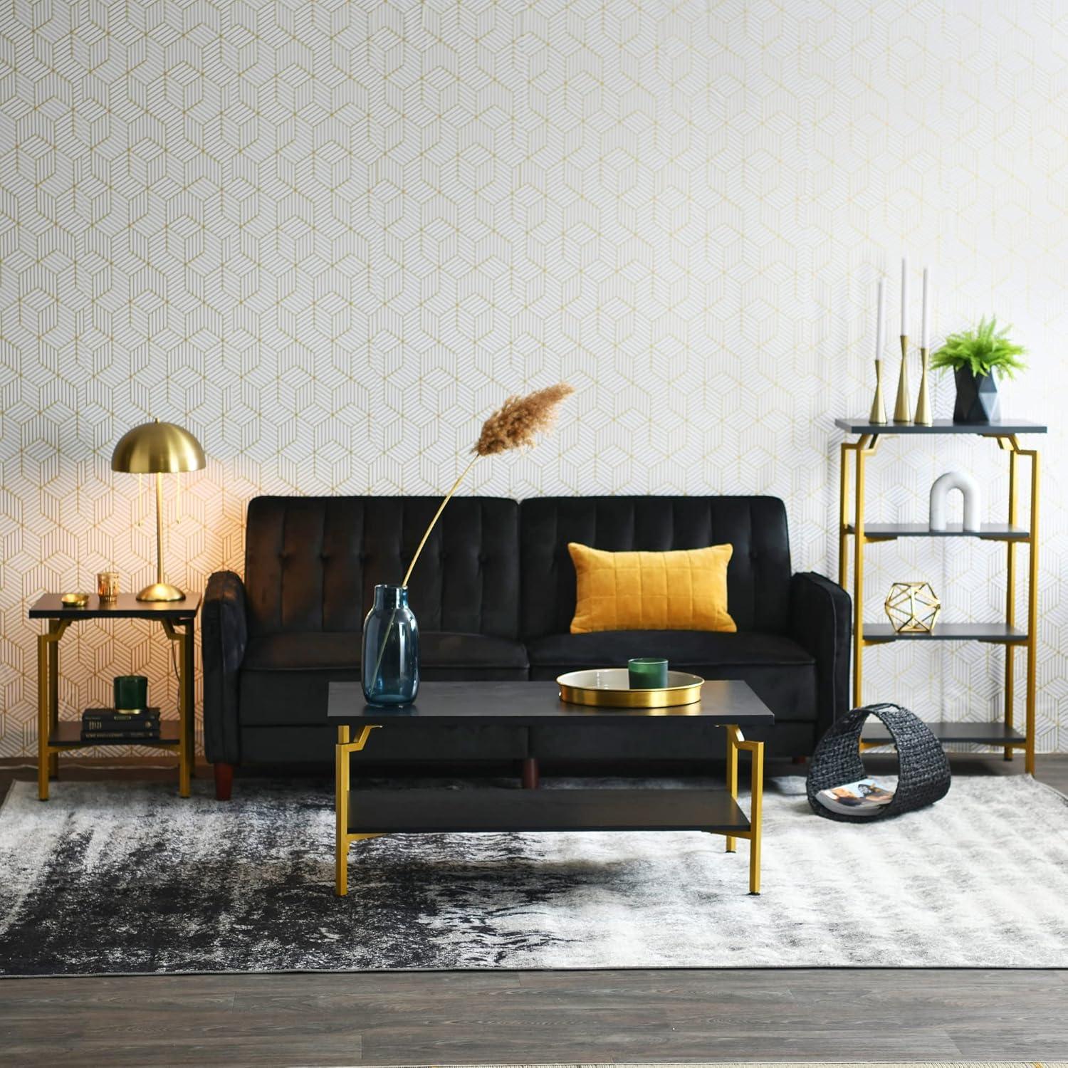 Household Essentials Crown TV Stand with Storage Compartment Black Oak Wood Grain and Gold Metal