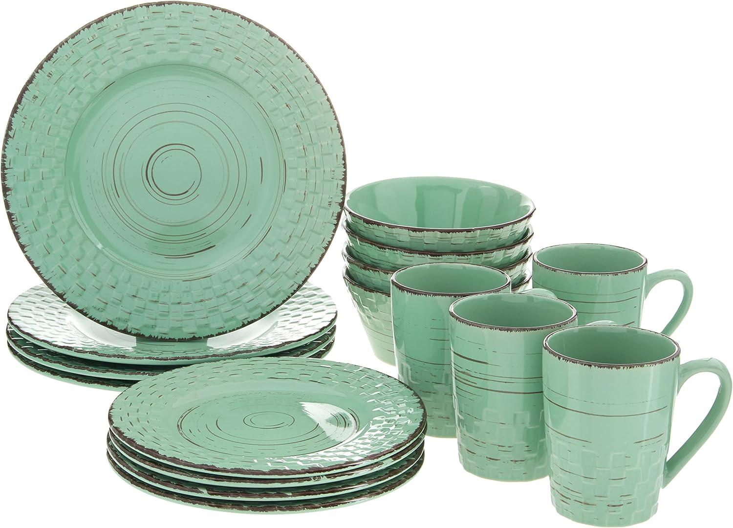 16 Piece Pistachio Green Ceramic Dinnerware Set with Distressed Weave