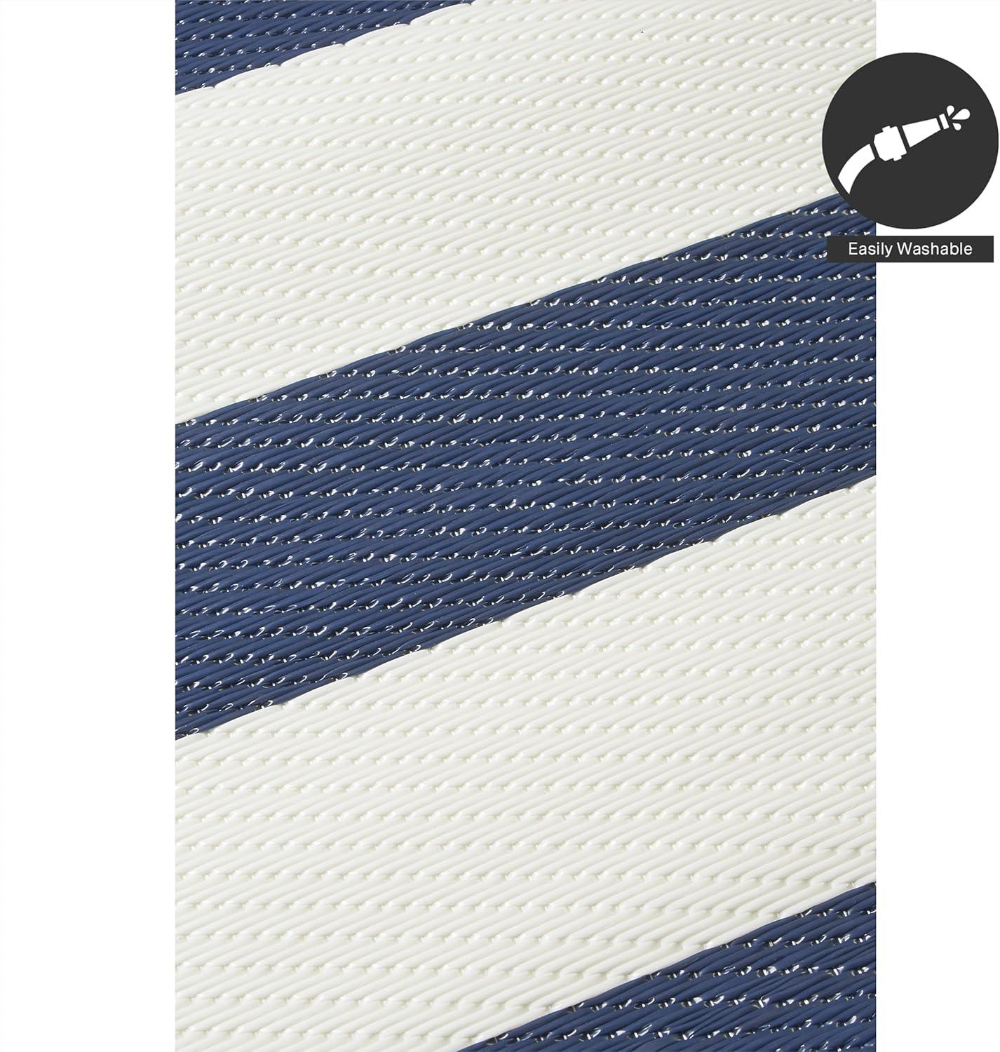 FH Home Outdoor Rug - Waterproof, Fade Resistant, Crease-Free - Premium Recycled Plastic - Striped - Patio, Deck, Porch, Balcony, Laundry Room - Brittany Stripe - Blue & White - 4 x 6 ft